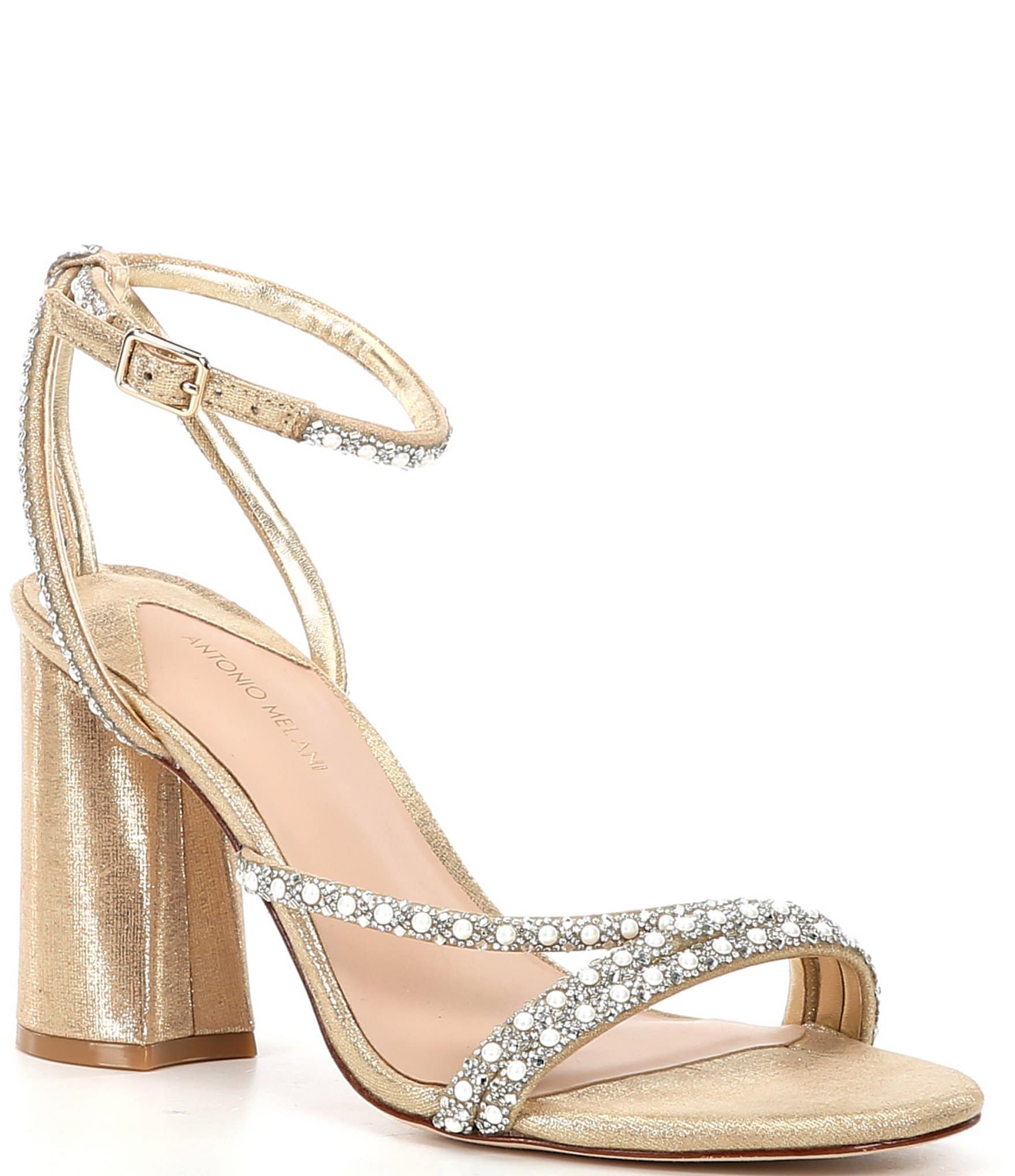 Antonio Melani Kameron Pearl Rhinestone Metallic Strap Block Heel Dress ...