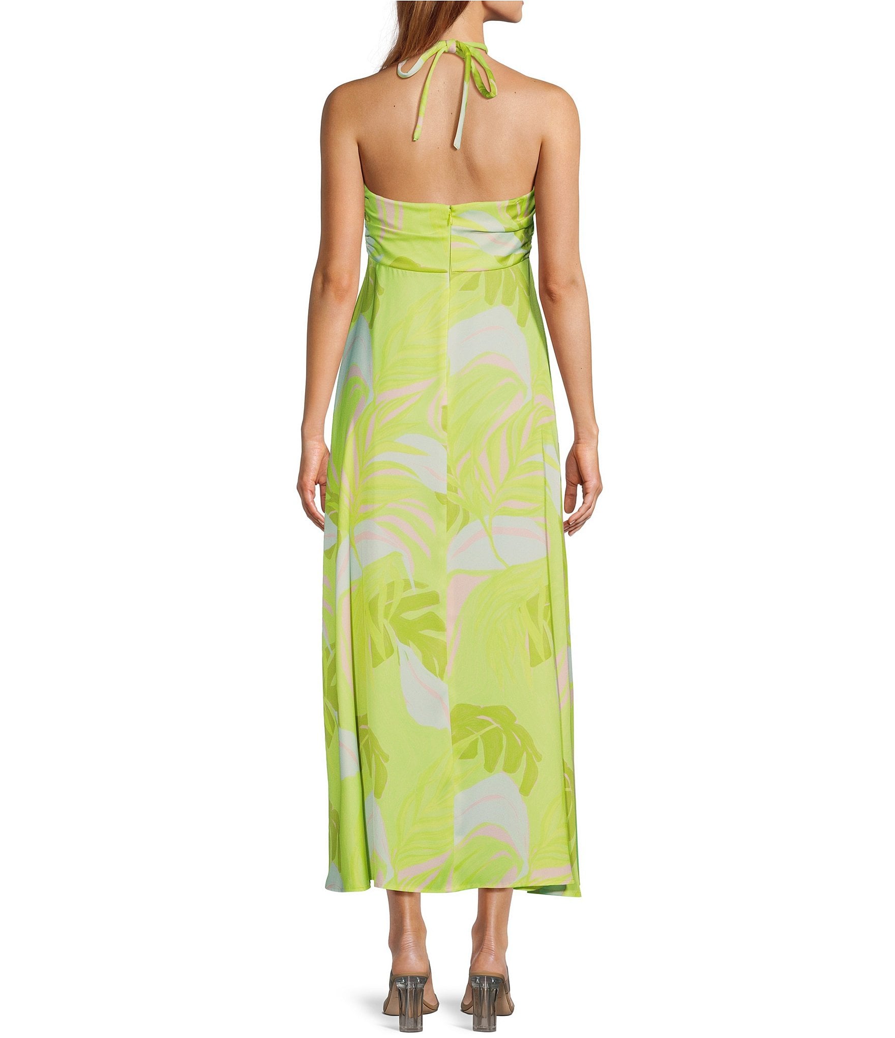 Antonio Melani Kiri Palm Printed Satin Halter Neck Sleeveless Dress