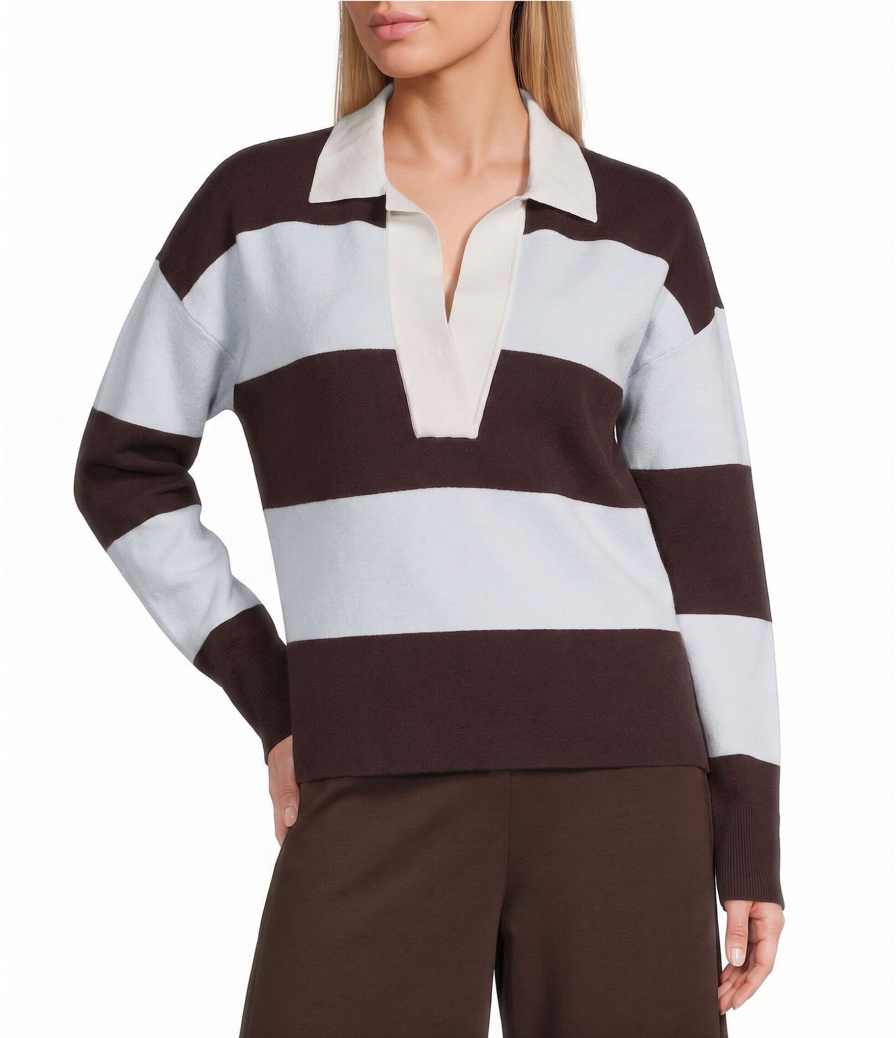 Antonio Melani Knit Stripe Collar Long Sleeve Polo Sweater