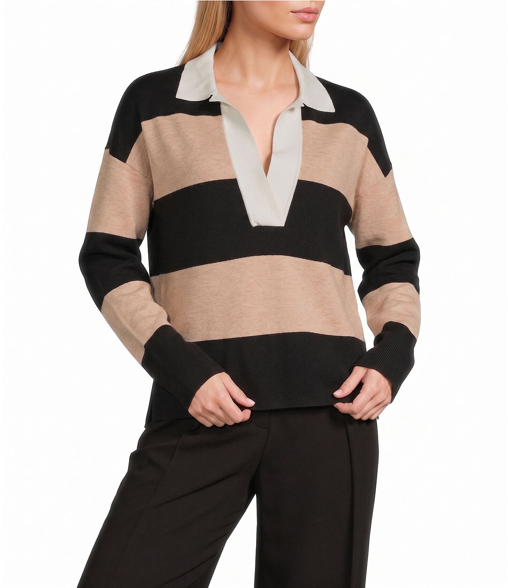 Antonio Melani Knit Stripe Collar Long Sleeve Polo Sweater