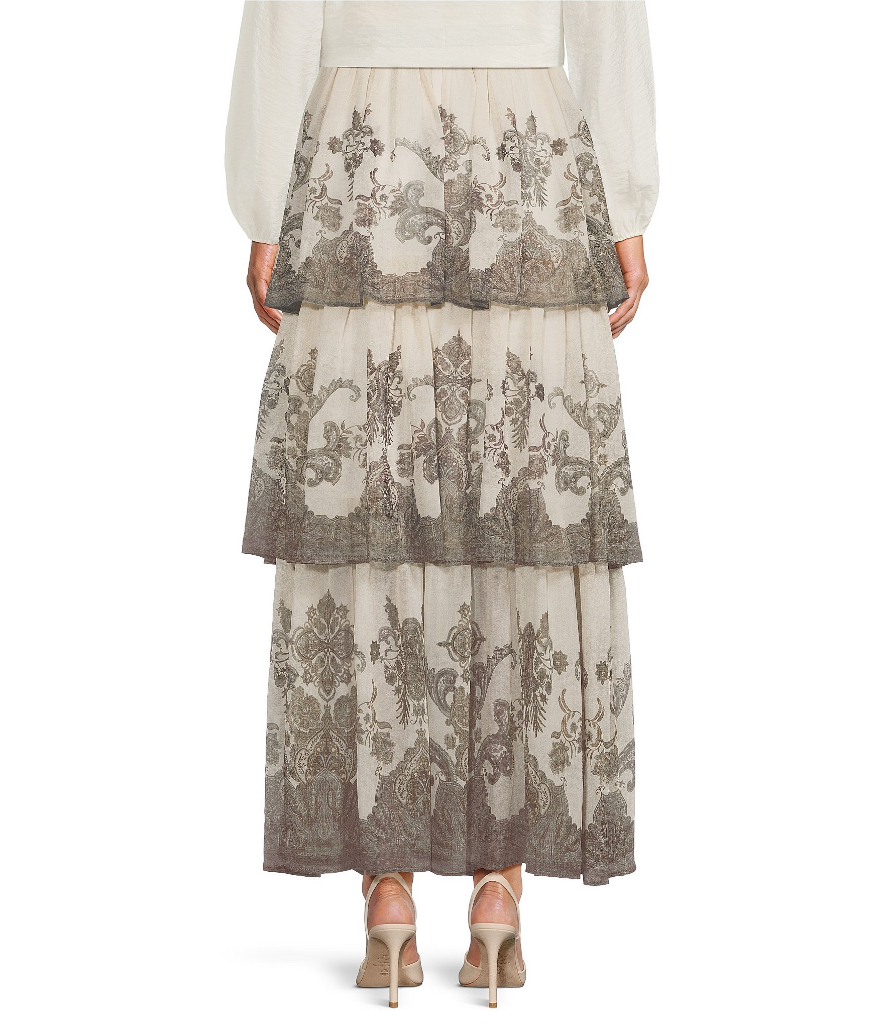 Antonio Melani Lilith Paisley Print Voile High Rise Tiered Ruffle A-Line Maxi Coordinating Skirt