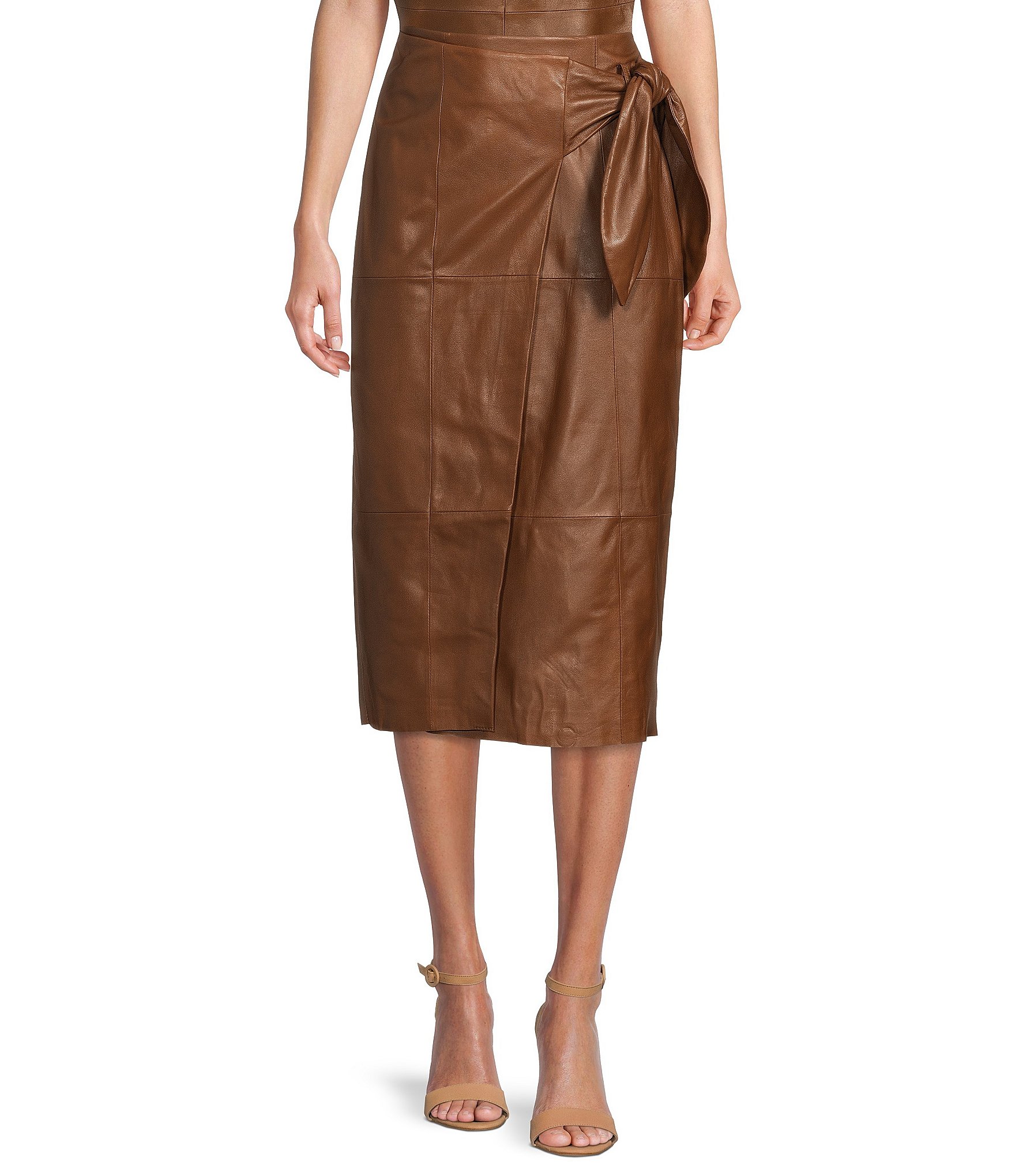 Antonio Melani Julia Genuine Leather Faux Wrap Midi Skirt | Dillard's