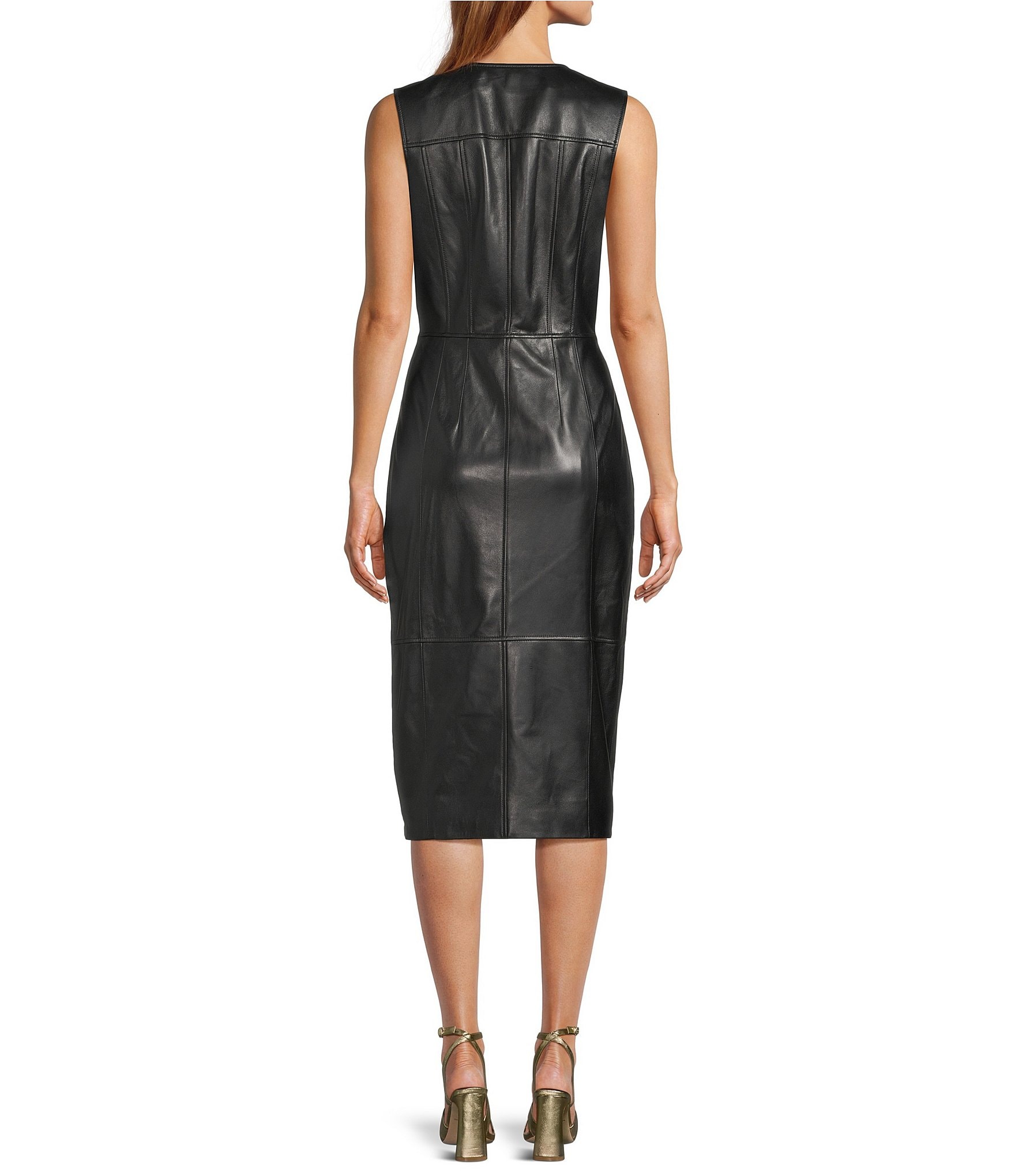 Antonio Melani Melanie Genuine Leather Sleeveless Button Front Sheath Midi Dress