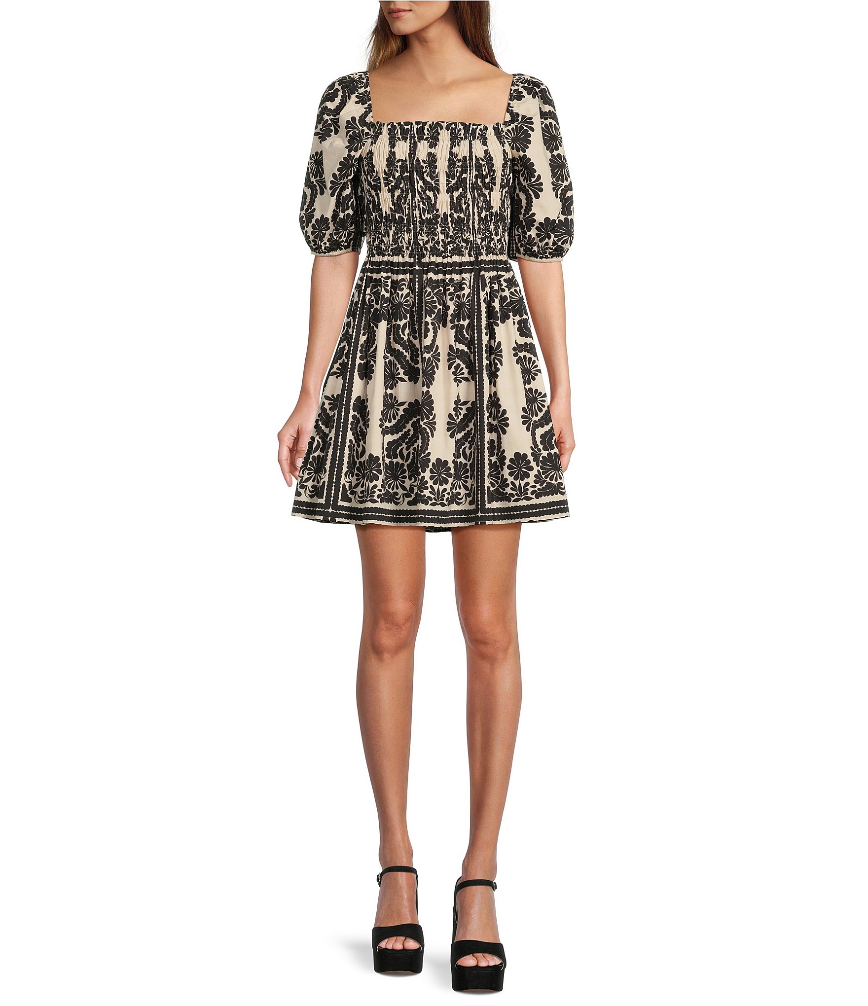 Antonio Melani Mina Printed Square Neck Smocked A-Line Dress | Dillard's