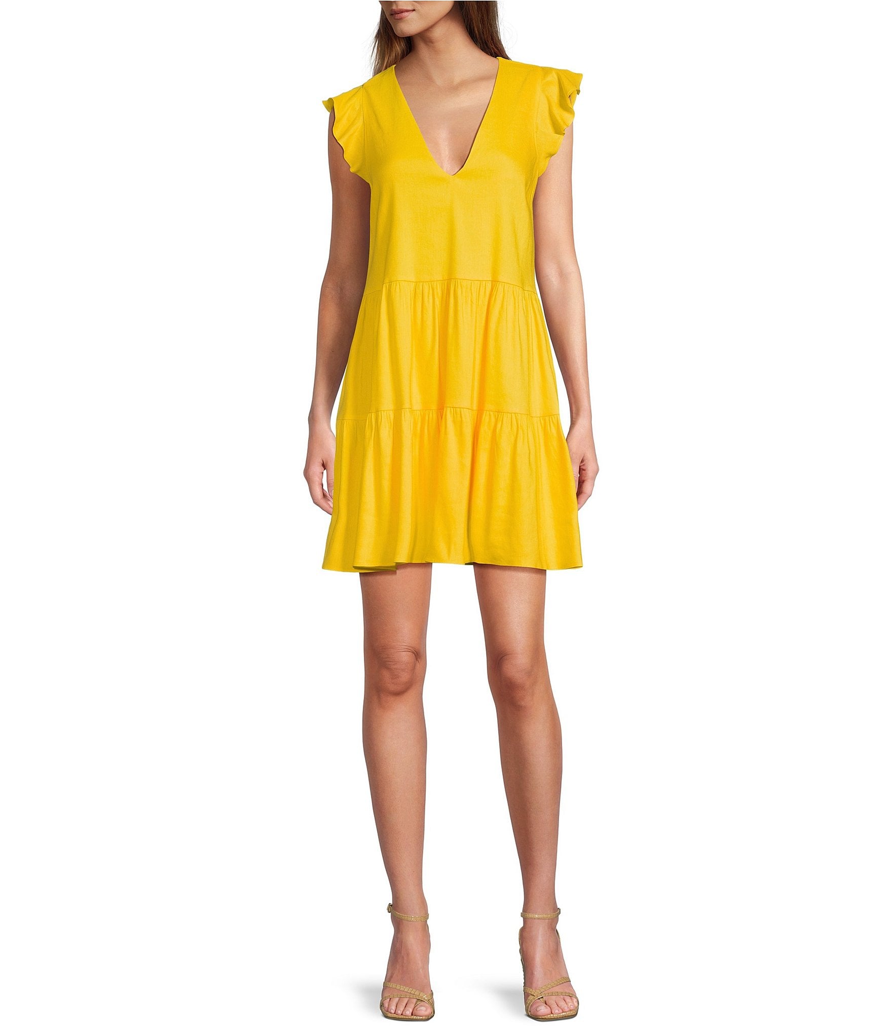 Antonio Melani Opal Linen V-Neckline Cap Sleeve Tiered A-Line Dress ...