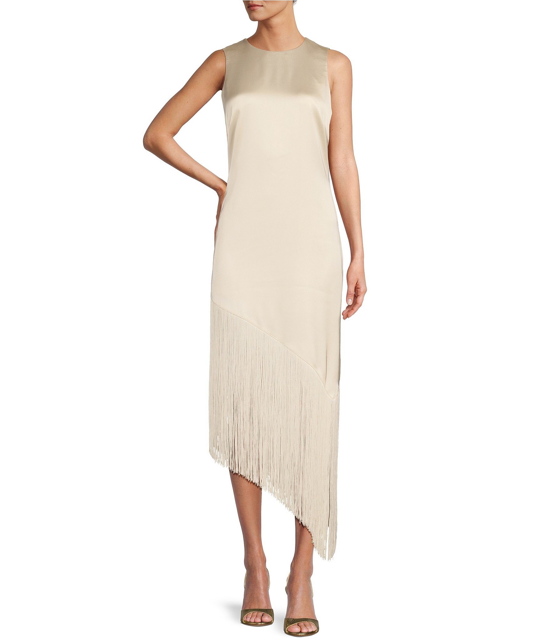 Antonio Melani Pandora Drapey Satin Fringe Asymmetrical Hem Sleeveless  Shift Dress