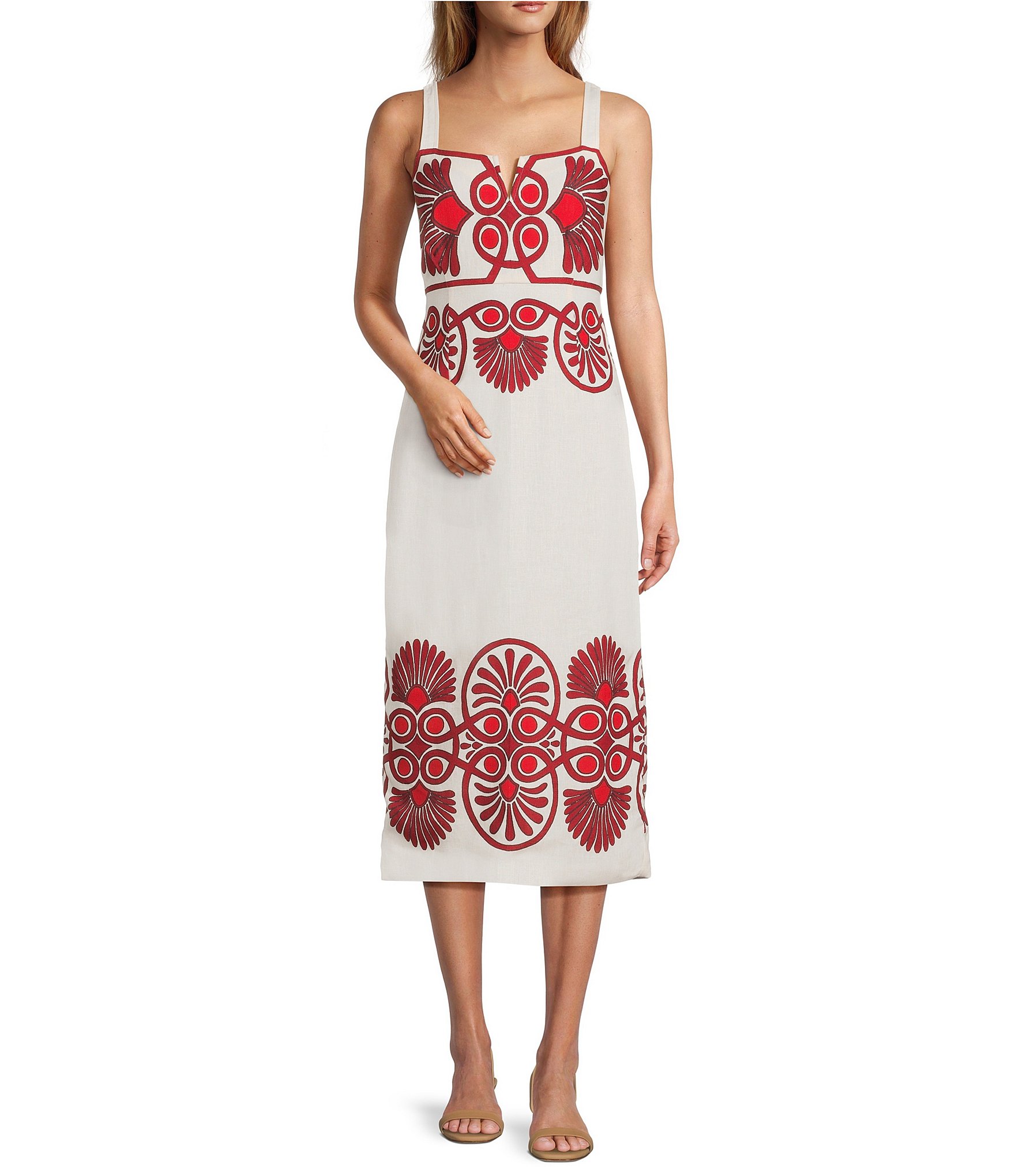 Antonio Melani Penelope Linen Blend Scroll Print Sweetheart Neck Sleeveless Dress