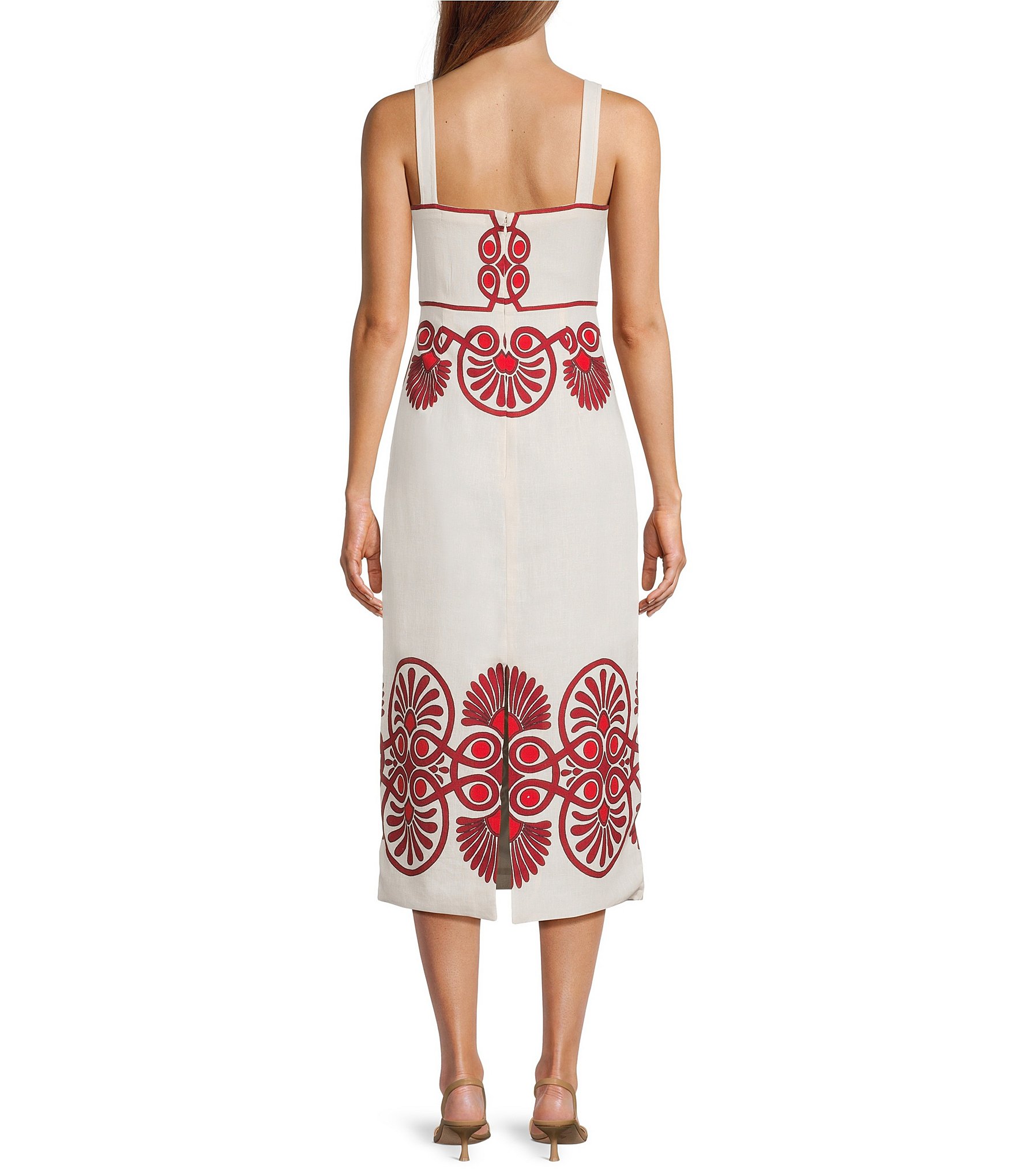 Antonio Melani Penelope Linen Blend Scroll Print Sweetheart Neck Sleeveless Dress