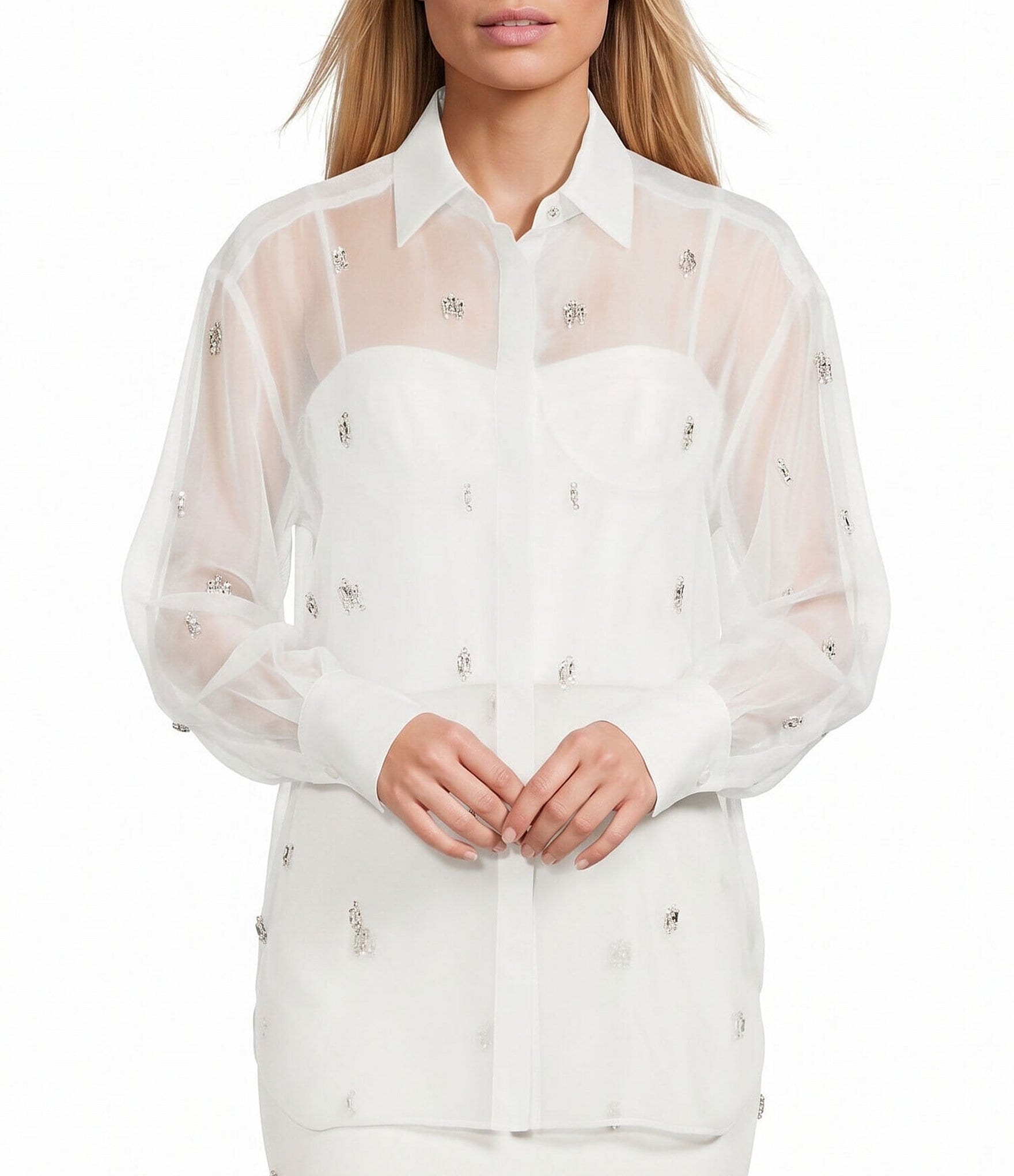 Antonio Melani Priscilla Organza Sheer Jewel Embellished Point Collar Long Sleeve Button Front Coordinating Blouse