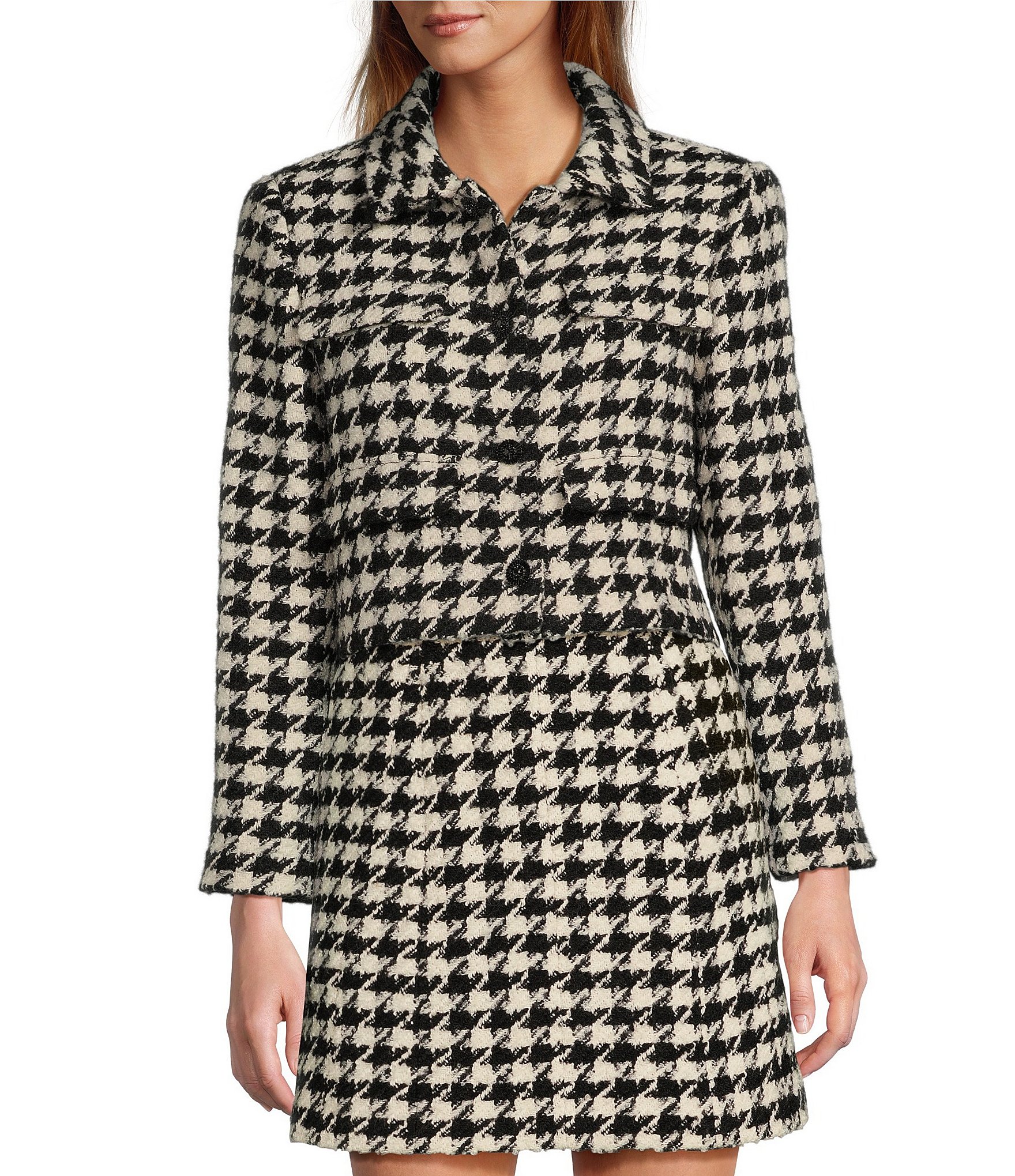 Antonio Melani Rita Wool Blend Houndstooth Notch Collar Long Sleeve  Embellished Button Front Cropped Jacket | Dillard's