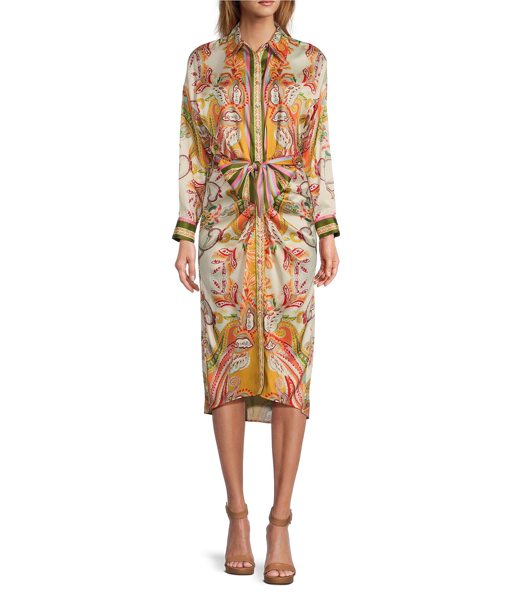 Donna Morgan Stretch Geometric Printed Charmeuse Collared Neckline Long  Sleeve Dress