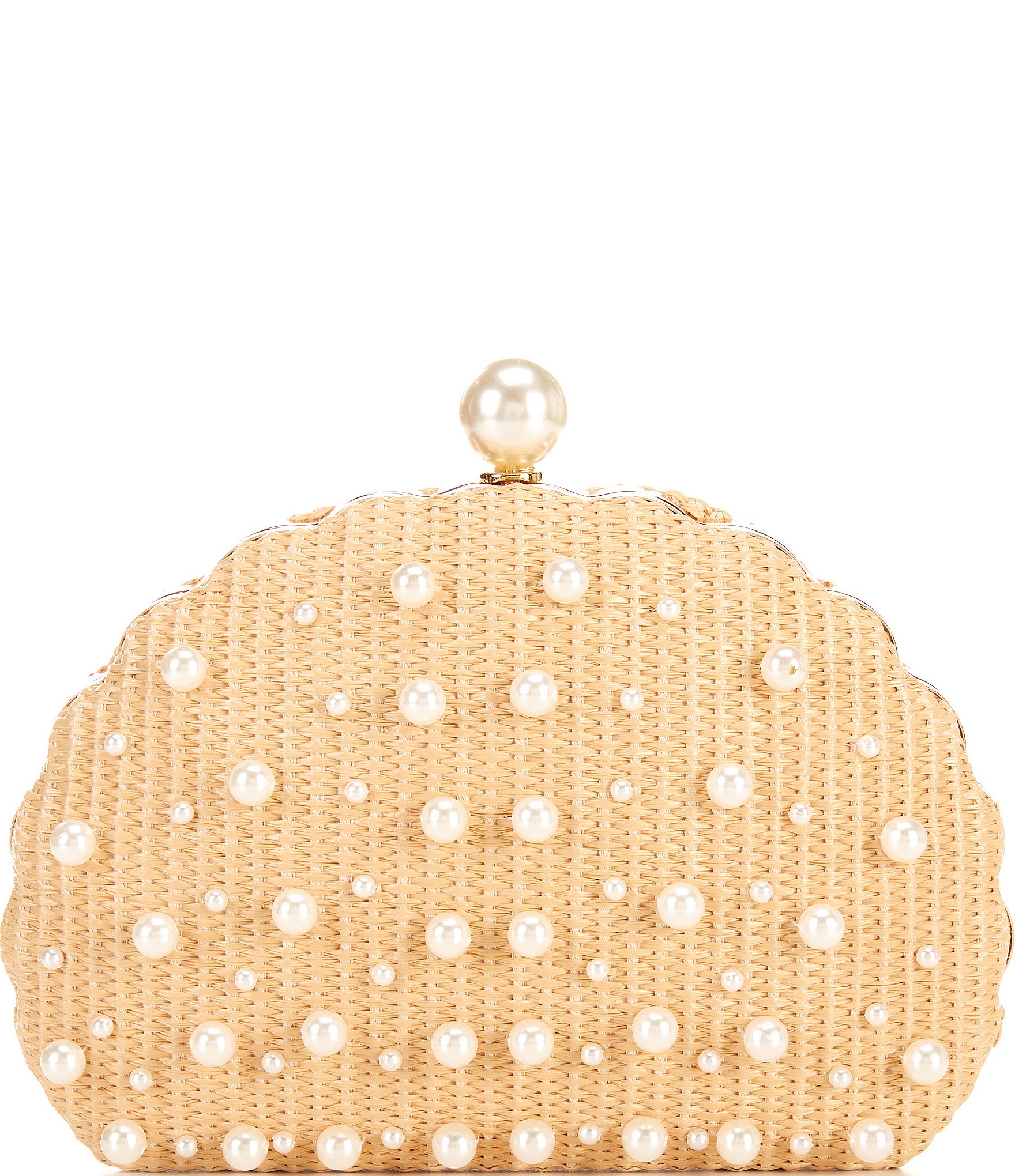 Antonio Melani Shell Shape Pearl Embellished Straw Minaudiere Clutch