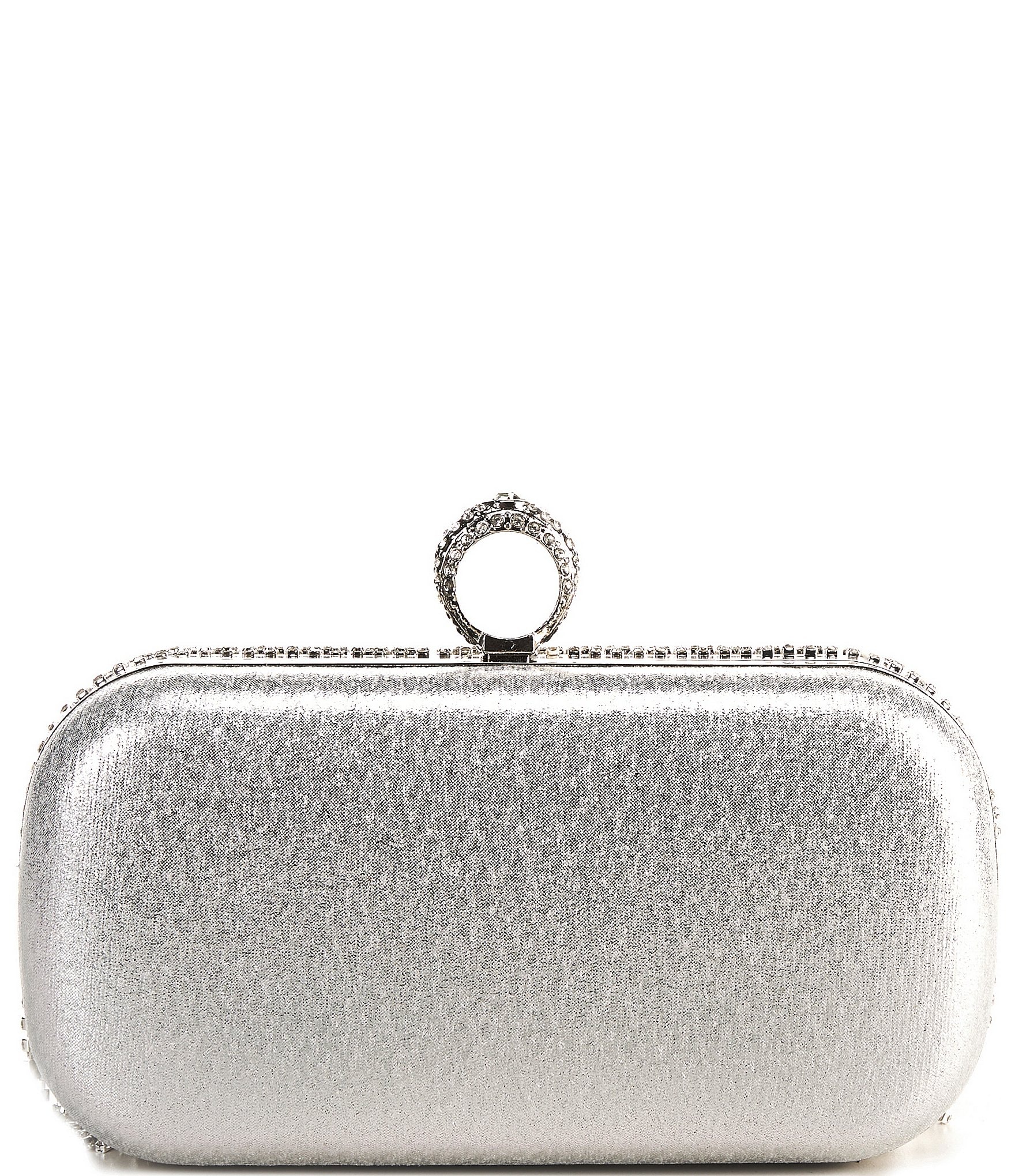 Antonio Melani Crystal Silver Mesh Fringe Minaudiere Clutch