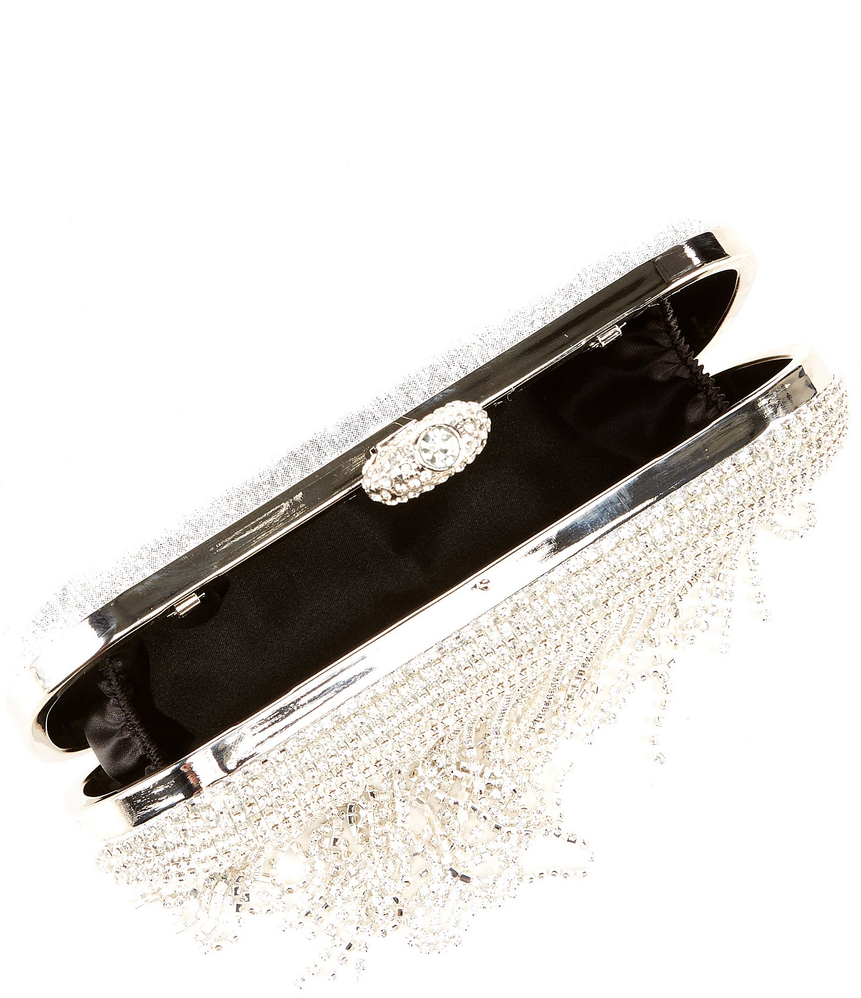 Antonio Melani Crystal Silver Mesh Fringe Minaudiere Clutch