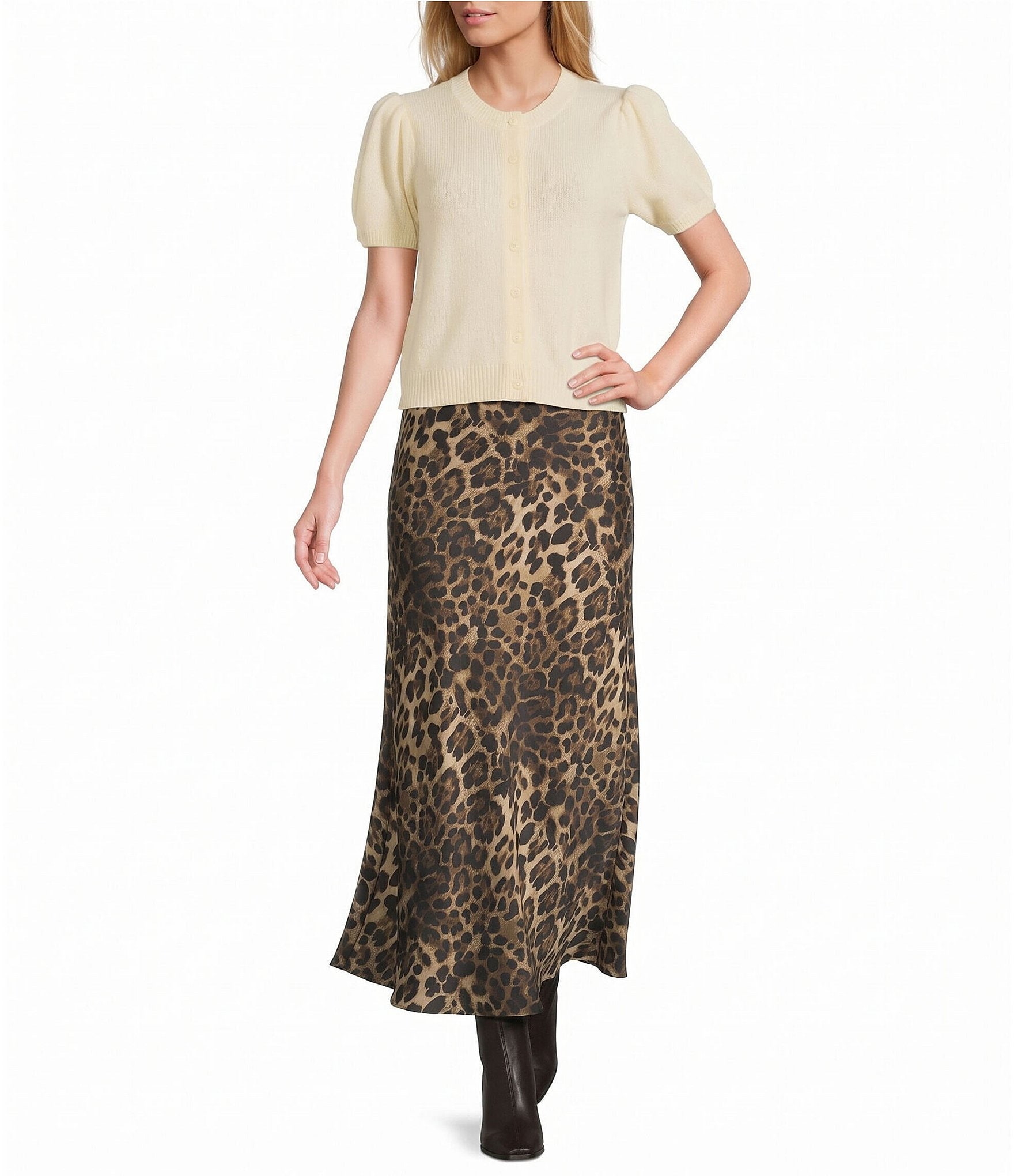 Antonio Melani Stella Short Puff Sleeve Crew Neckline Button Front Cashmere Cardigan