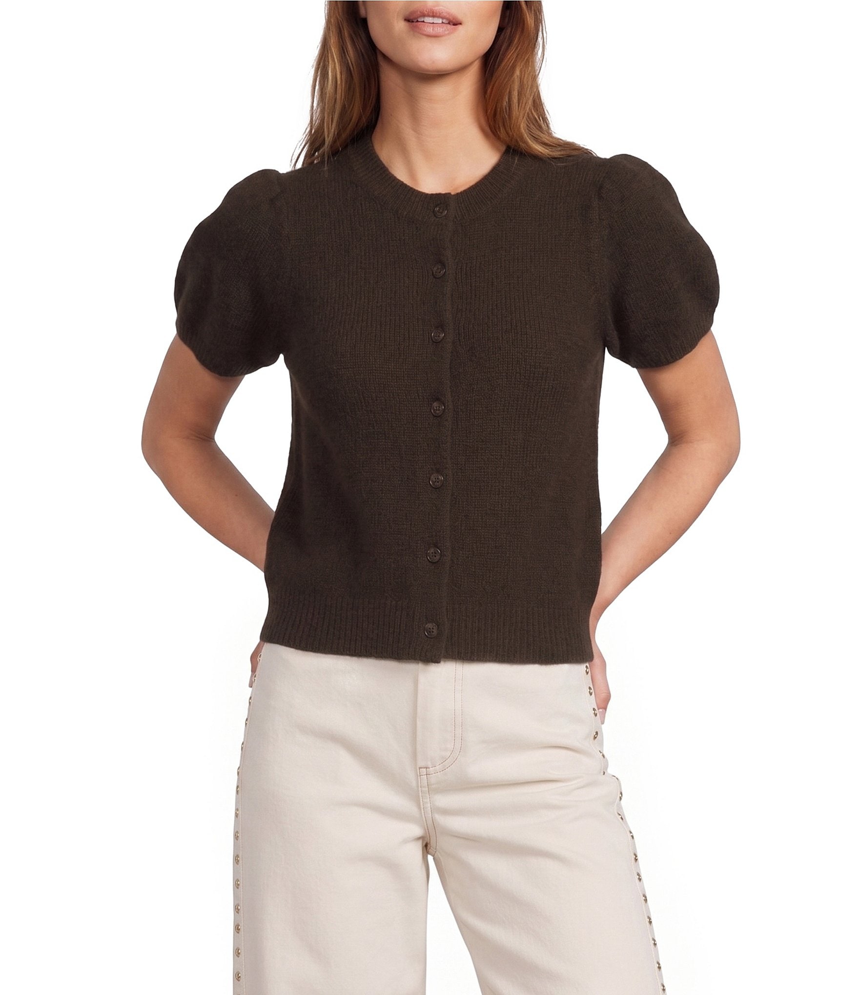 Antonio Melani Stella Short Puff Sleeve Crew Neckline Button Front Cashmere Cardigan
