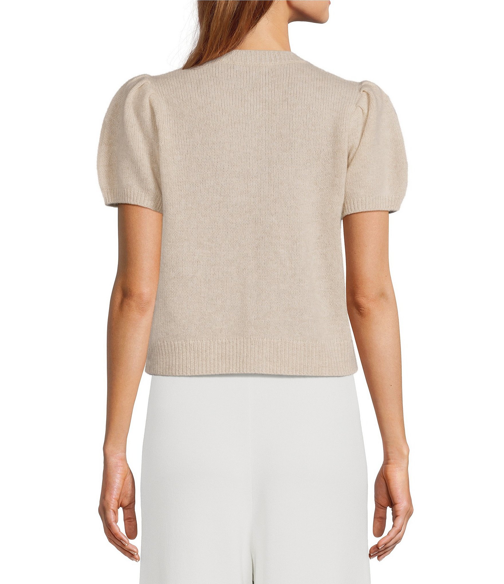 Antonio Melani Stella Short Puff Sleeve Crew Neckline Button Front Cashmere Cardigan