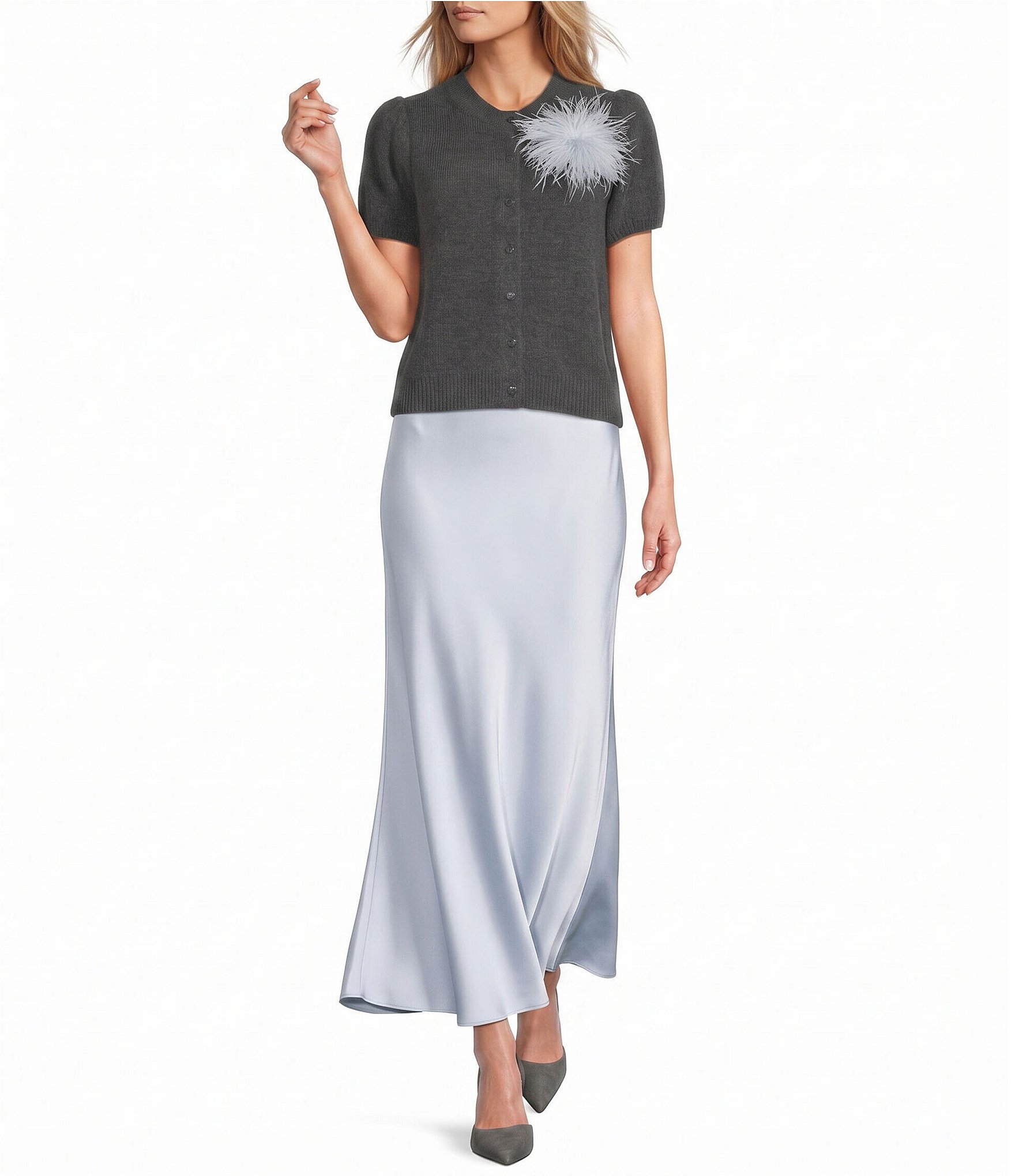 Antonio Melani Stella Short Puff Sleeve Crew Neckline Button Front Cashmere Cardigan