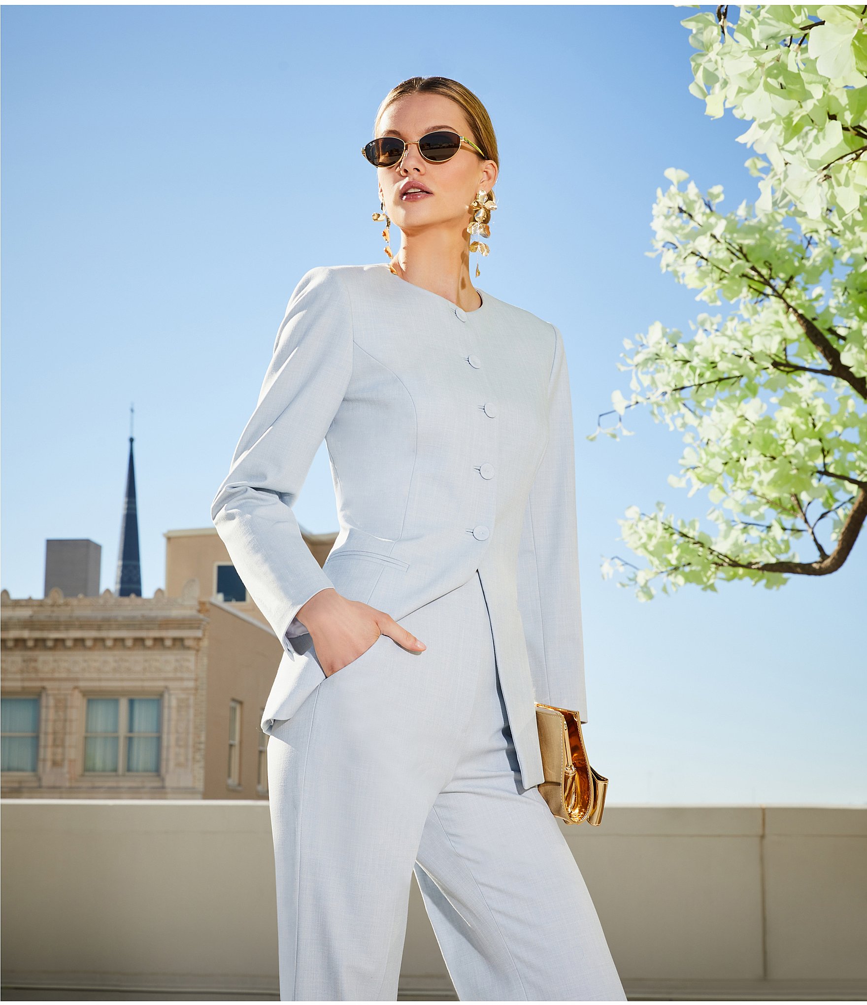 Antonio Melani Tess Slub Suiting Round Neckline Button Front Long Sleeve Blazer