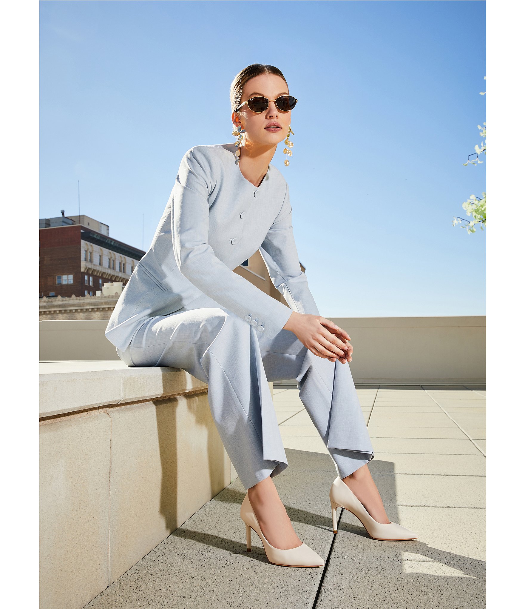 Antonio Melani Tess Slub Suiting Round Neckline Button Front Long Sleeve Blazer