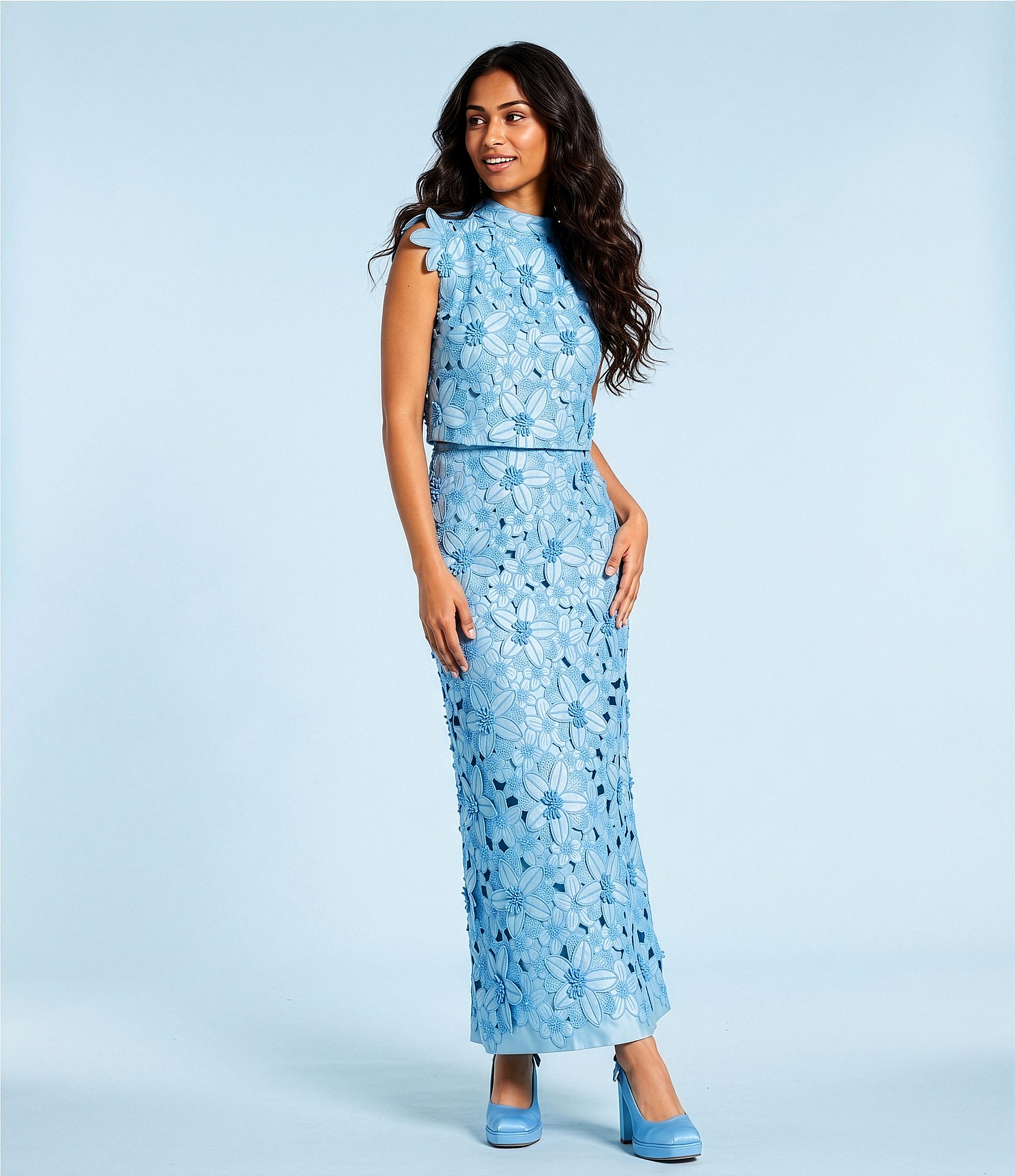 Antonio Melani x Amanda Jones Vaughan Waverly Coordinating 3D Lace Mock Neck Cap Sleeve Blouse