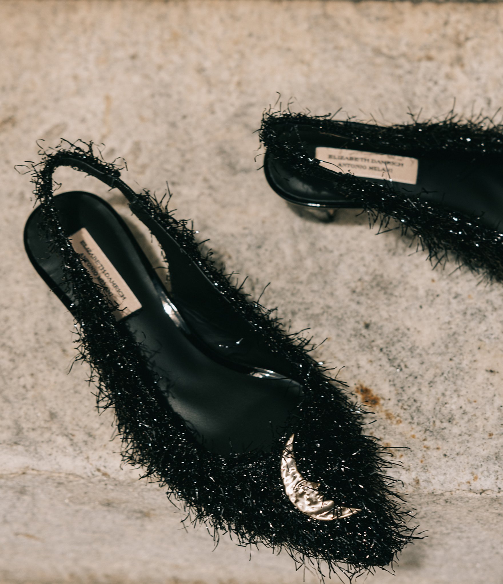 Antonio Melani x Elizabeth Damrich Moon Boucle Ornamented Frayed Detail Slingback Pumps