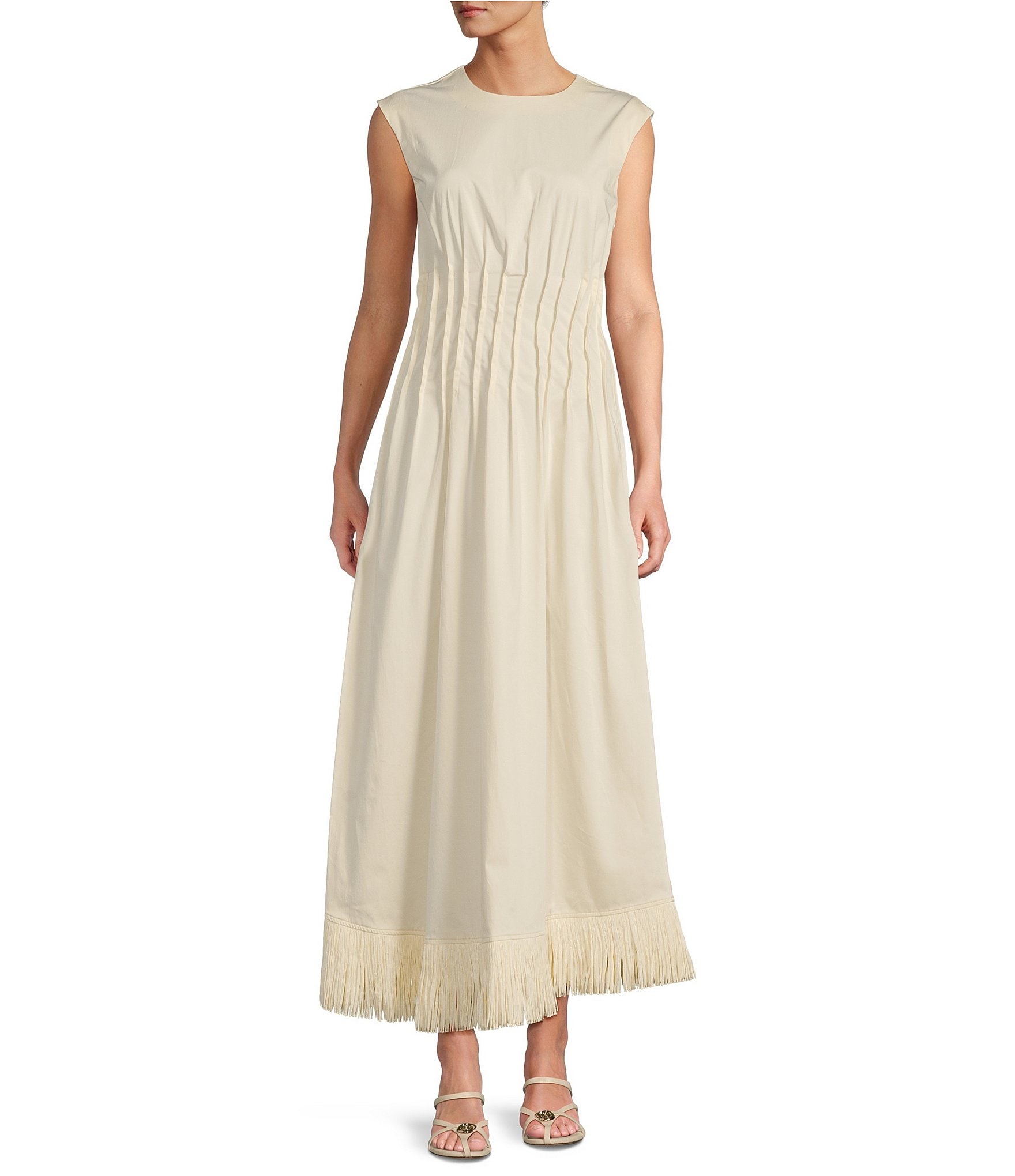 Antonio Melani x M.G. Style Jenny Round Neck Sleeveless Pleat A-Line Fringe Dress