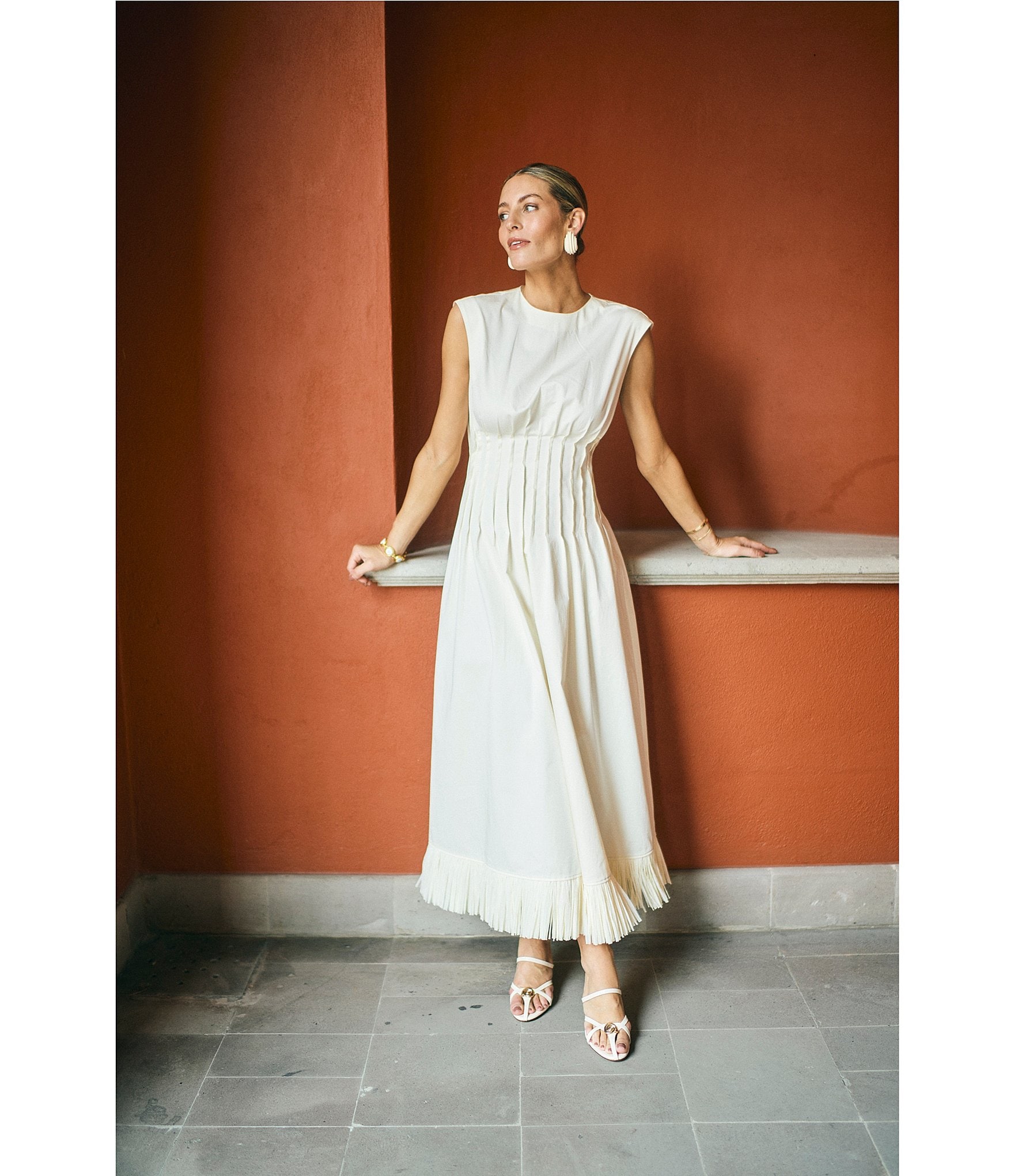 Antonio Melani x M.G. Style Jenny Round Neck Sleeveless Pleat A-Line Fringe Dress
