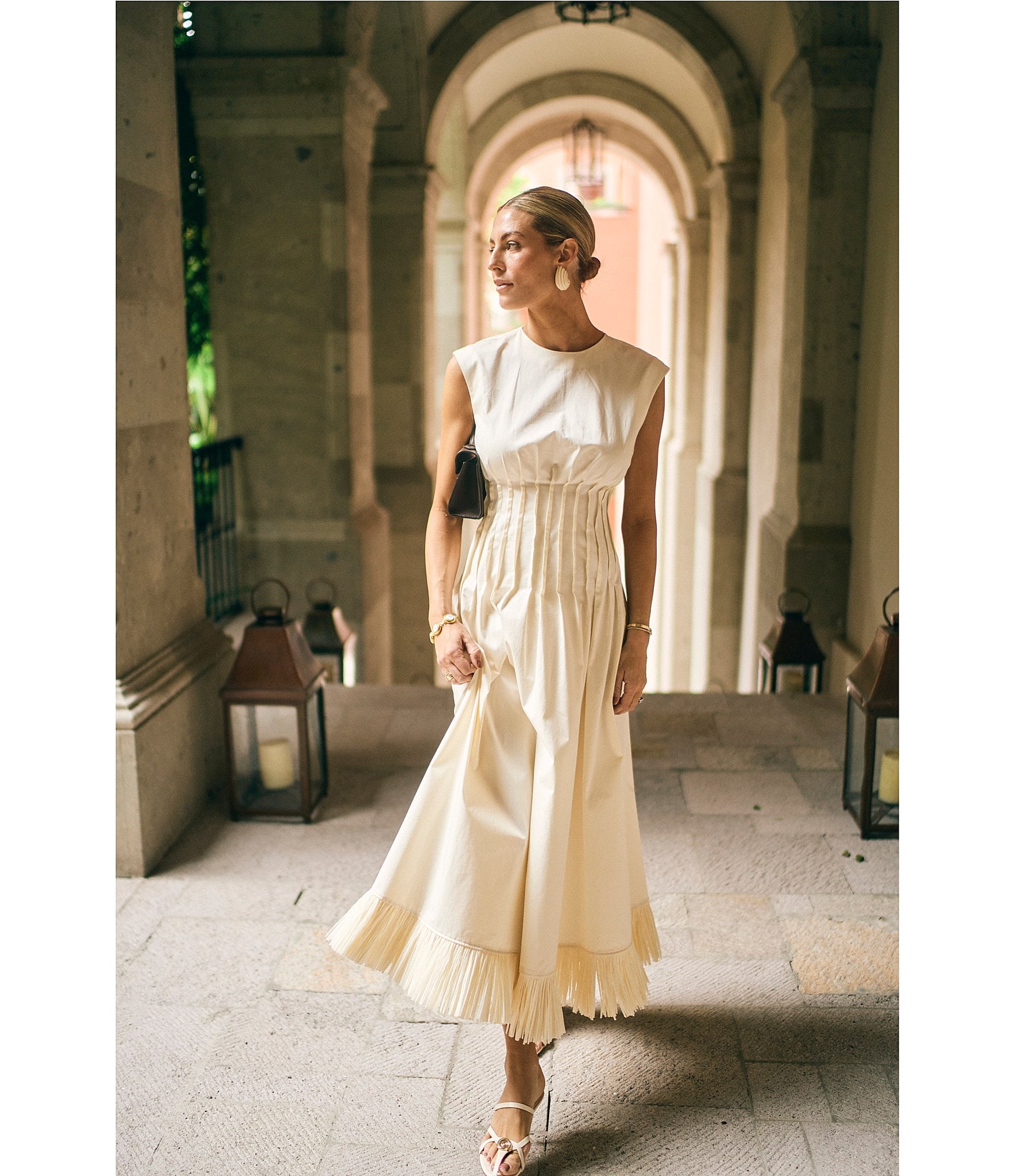 Antonio Melani x M.G. Style Jenny Round Neck Sleeveless Pleat A-Line Fringe Dress