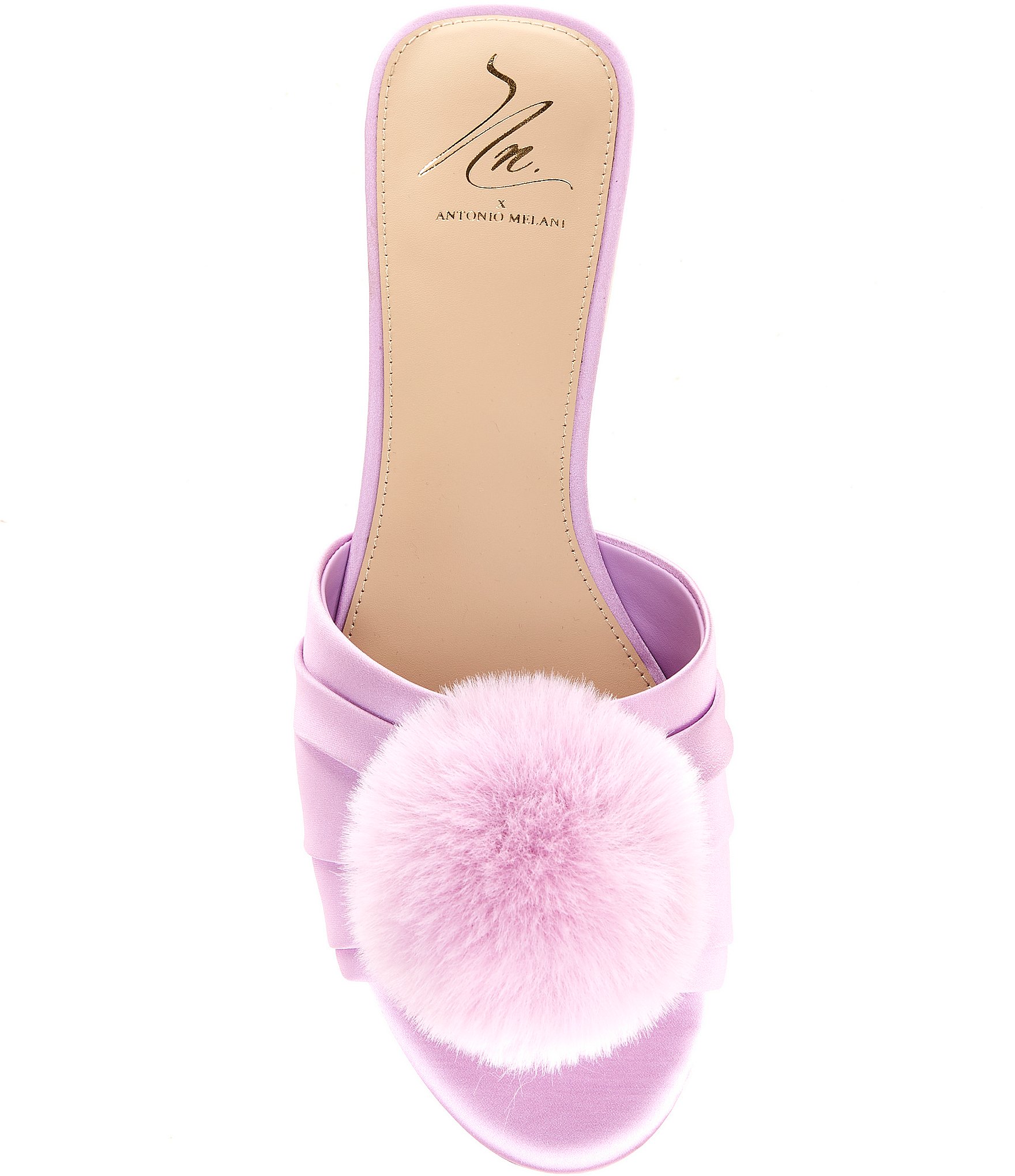 Antonio Melani x The Nat Note Olga Satin Pom Detail Slide Sandals