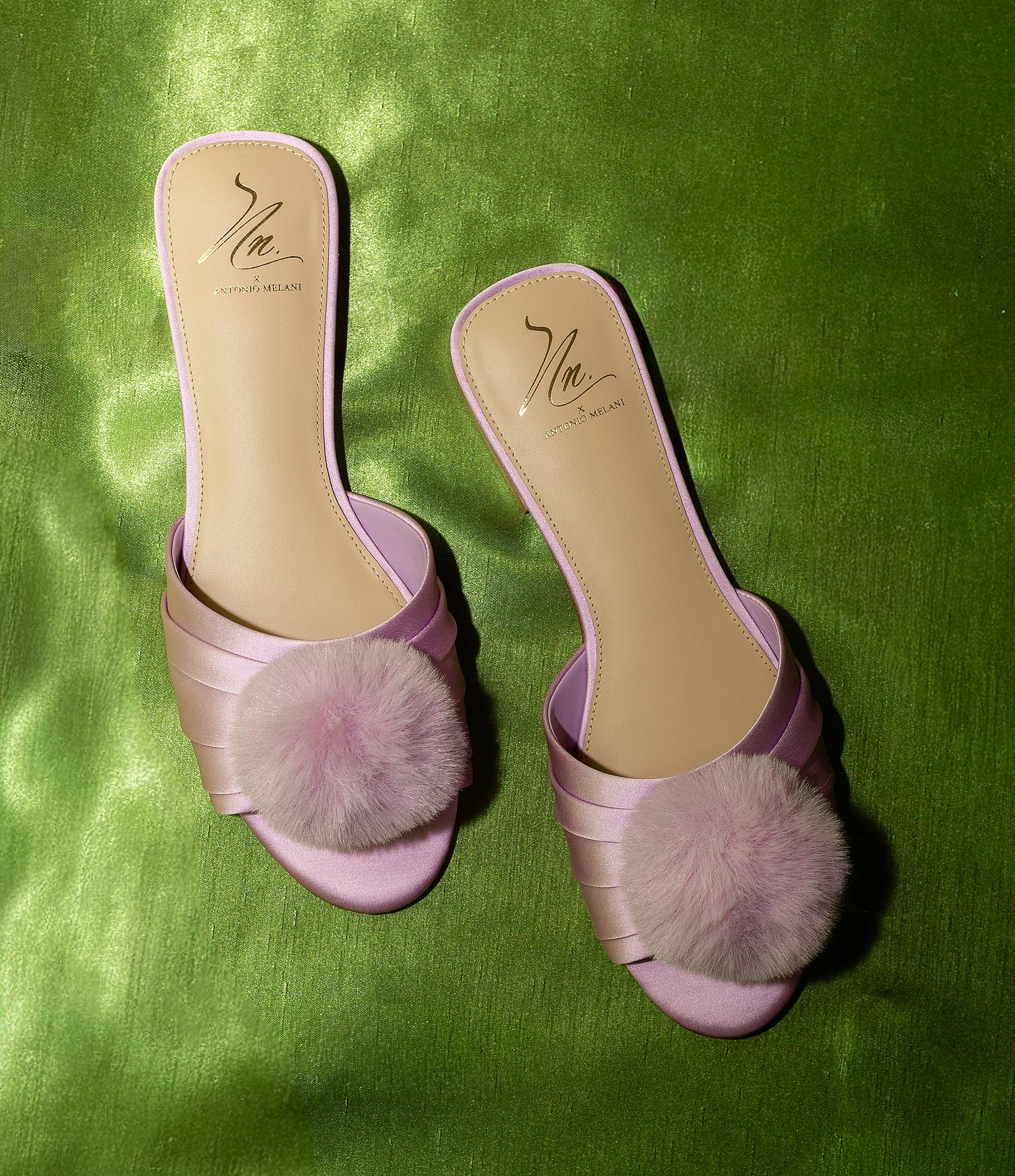 Antonio Melani x The Nat Note Olga Satin Pom Detail Slide Sandals