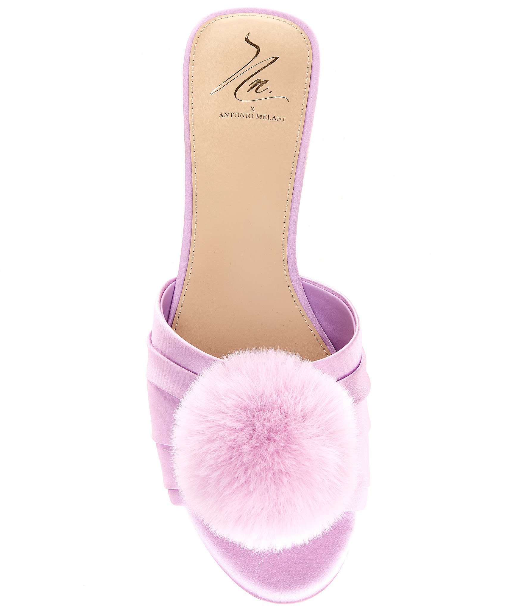 Antonio Melani x The Nat Note Olga Satin Pom Detail Slide Sandals
