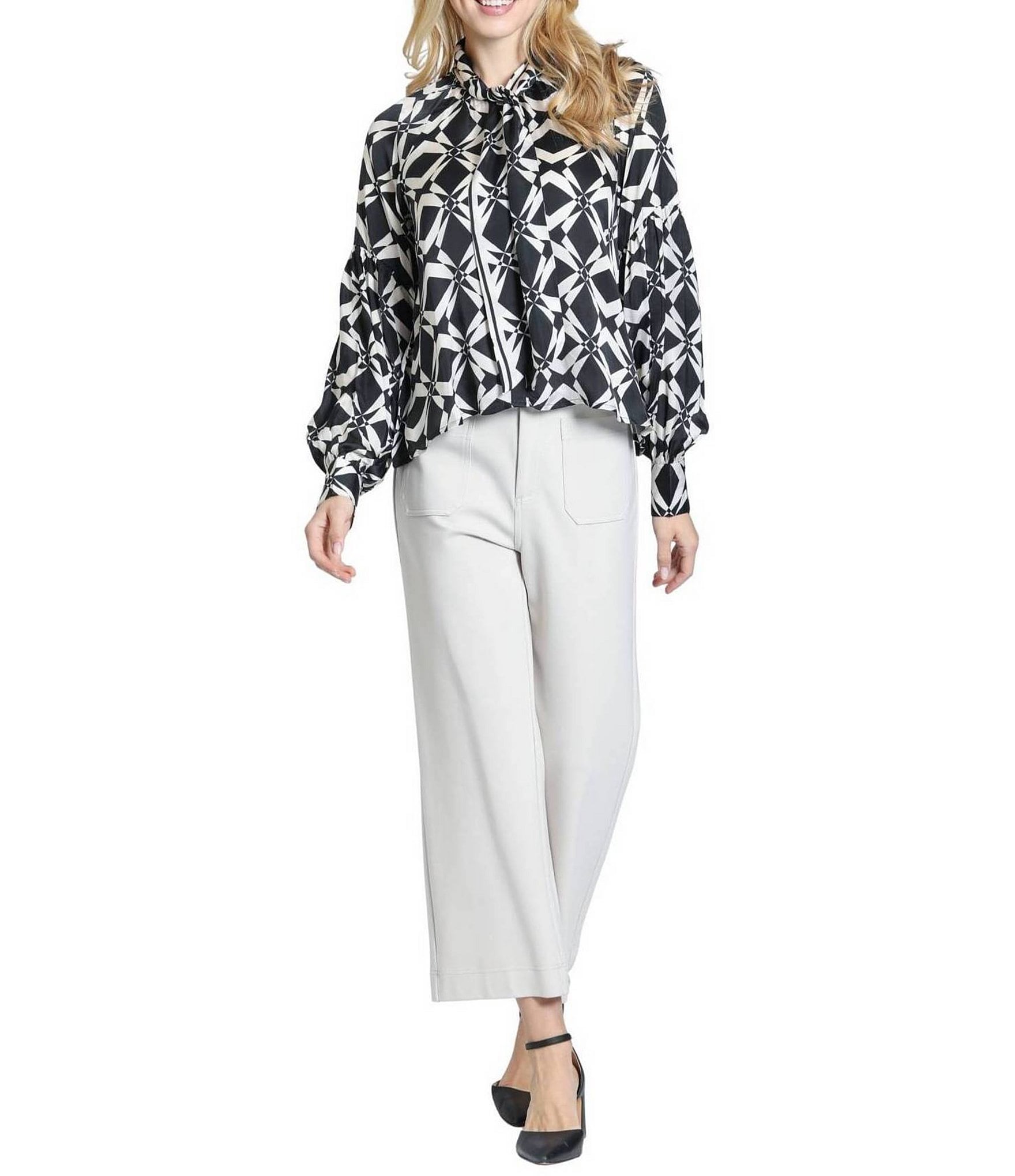 APNY Lightweight Woven Geometric Print Mock Neck Long Sleeve Pullover Tie Front Blouse