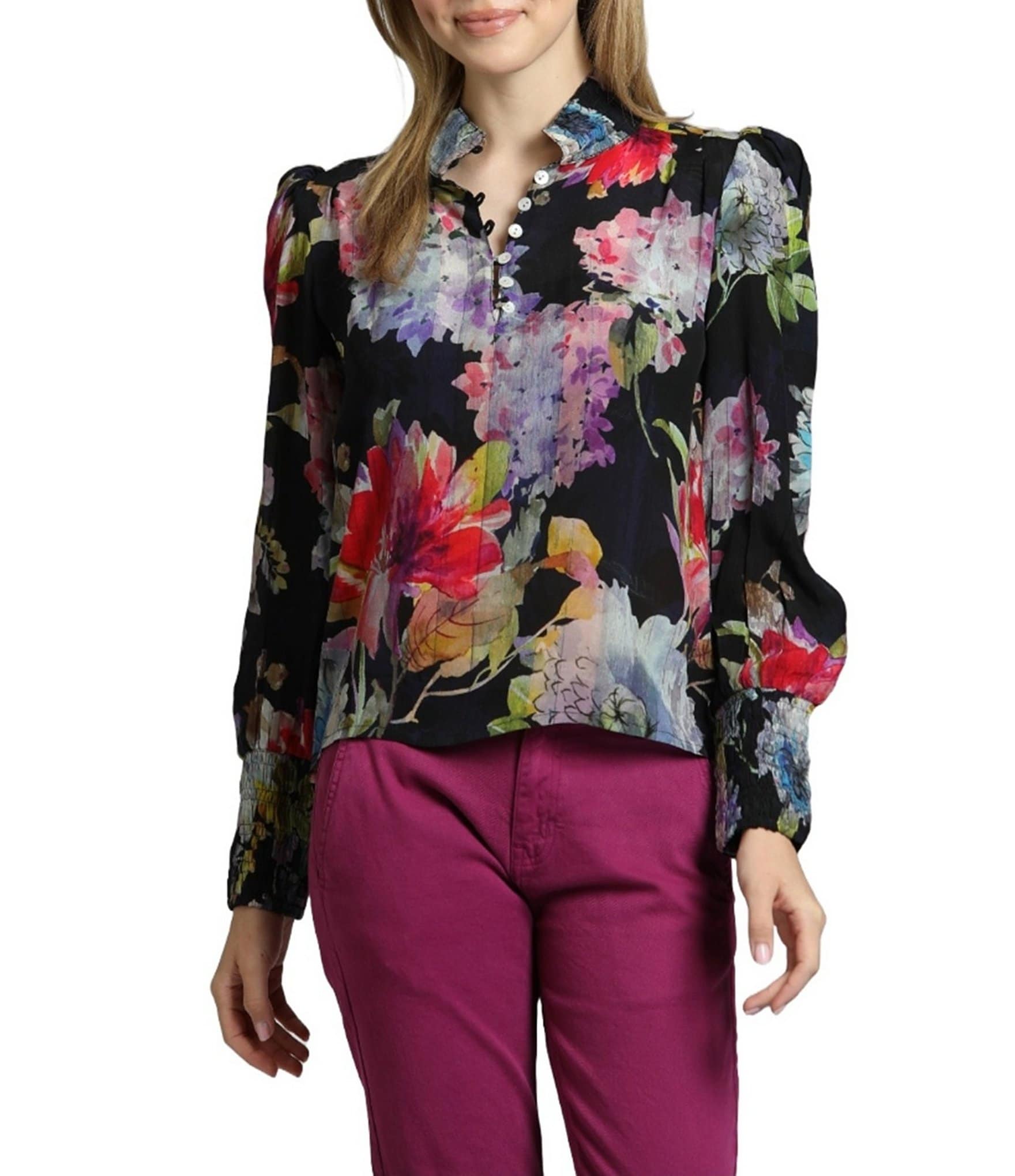 APNY Floral Print Ruched Collar Puff Long Sleeve Top