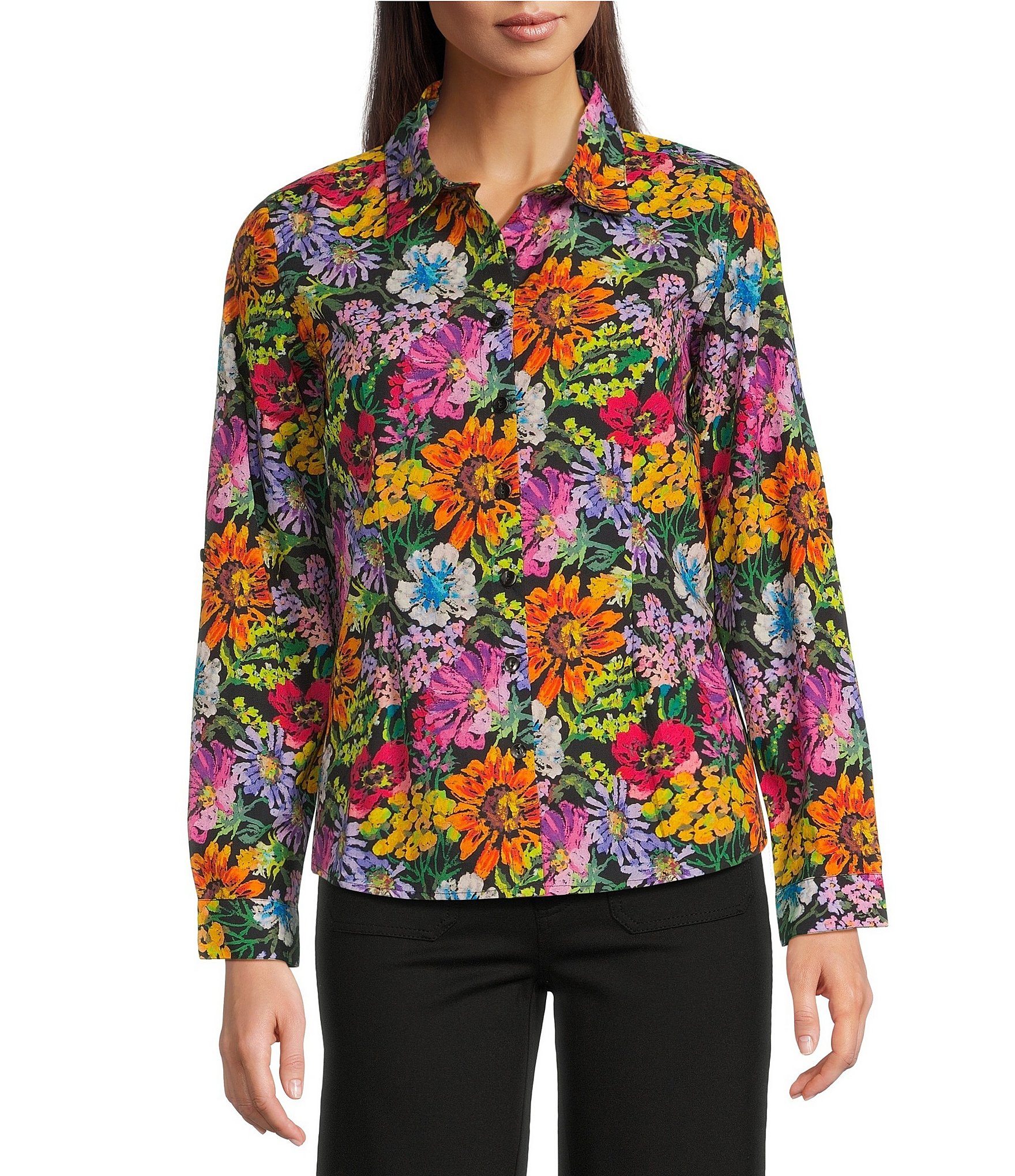 APNY Floral Print Spread Collar Long Sleeve Button Front Shirt