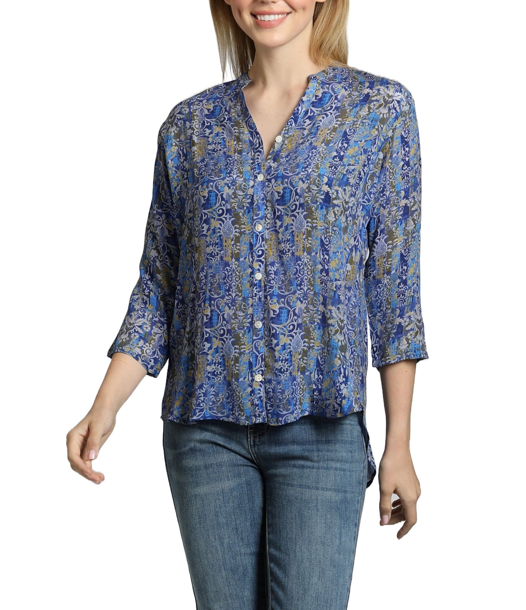 APNY Paisley Mandarin Collar 3/4 Sleeve Button Front Top