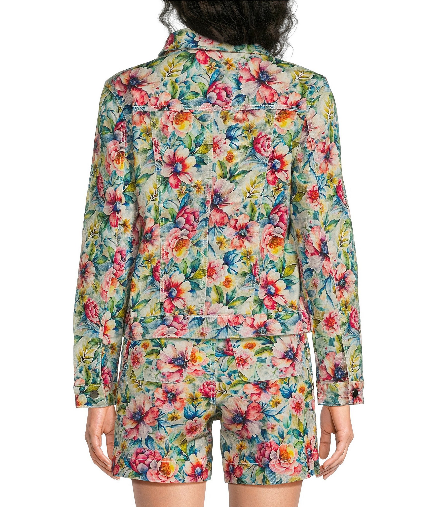 APNY Printed Denim Point Collar Long Sleeve Coordinating Jacket