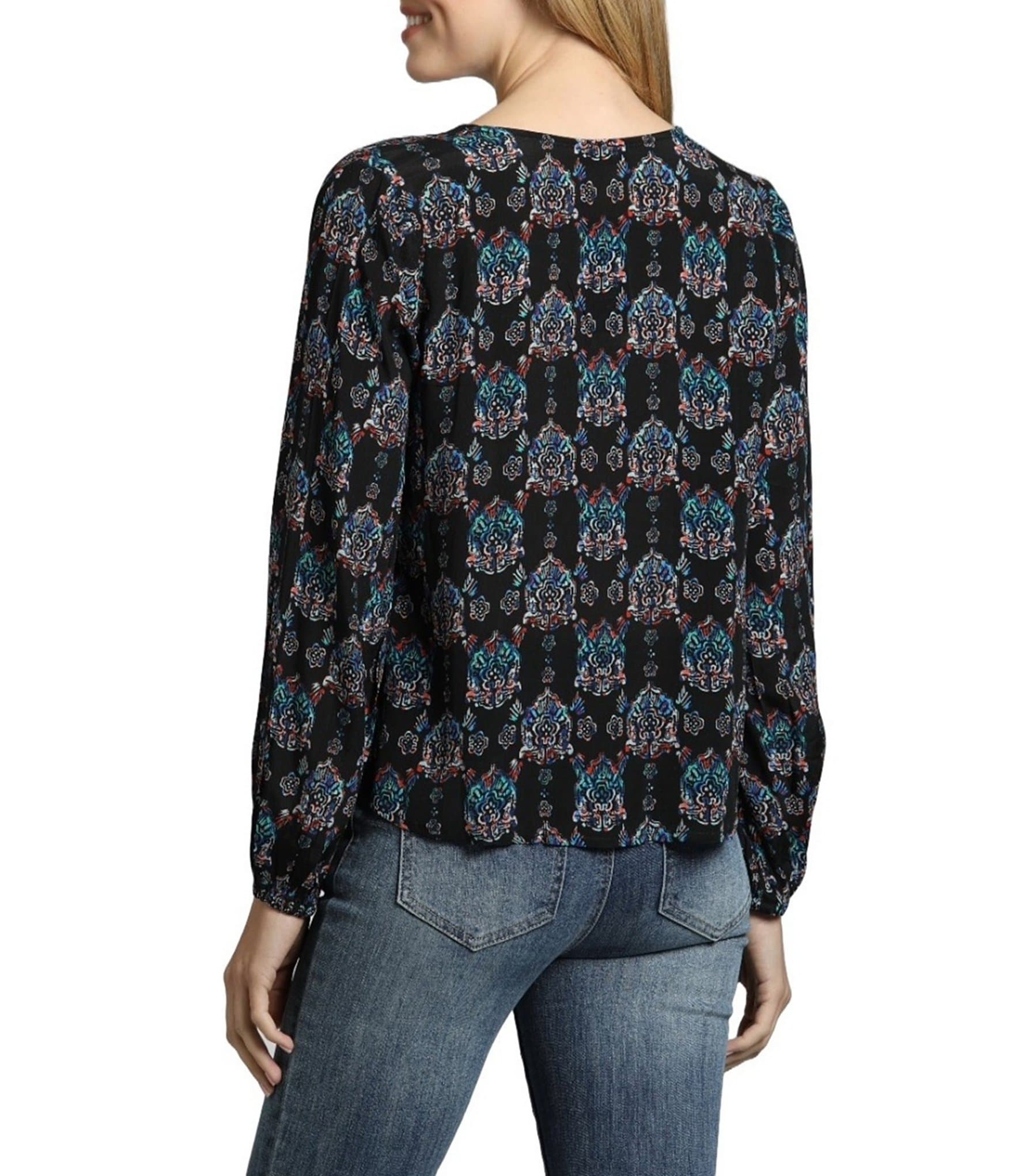 APNY Printed V-Neckline Long Sleeve Tie Front Top