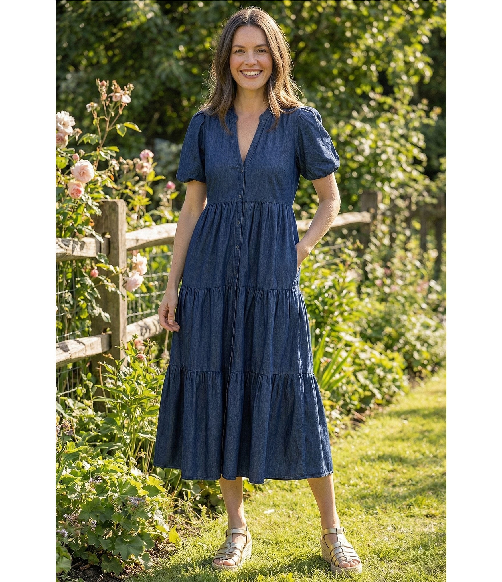 APNY Split Neck Short Puff Sleeve Button Front Tiered A-Line Dress