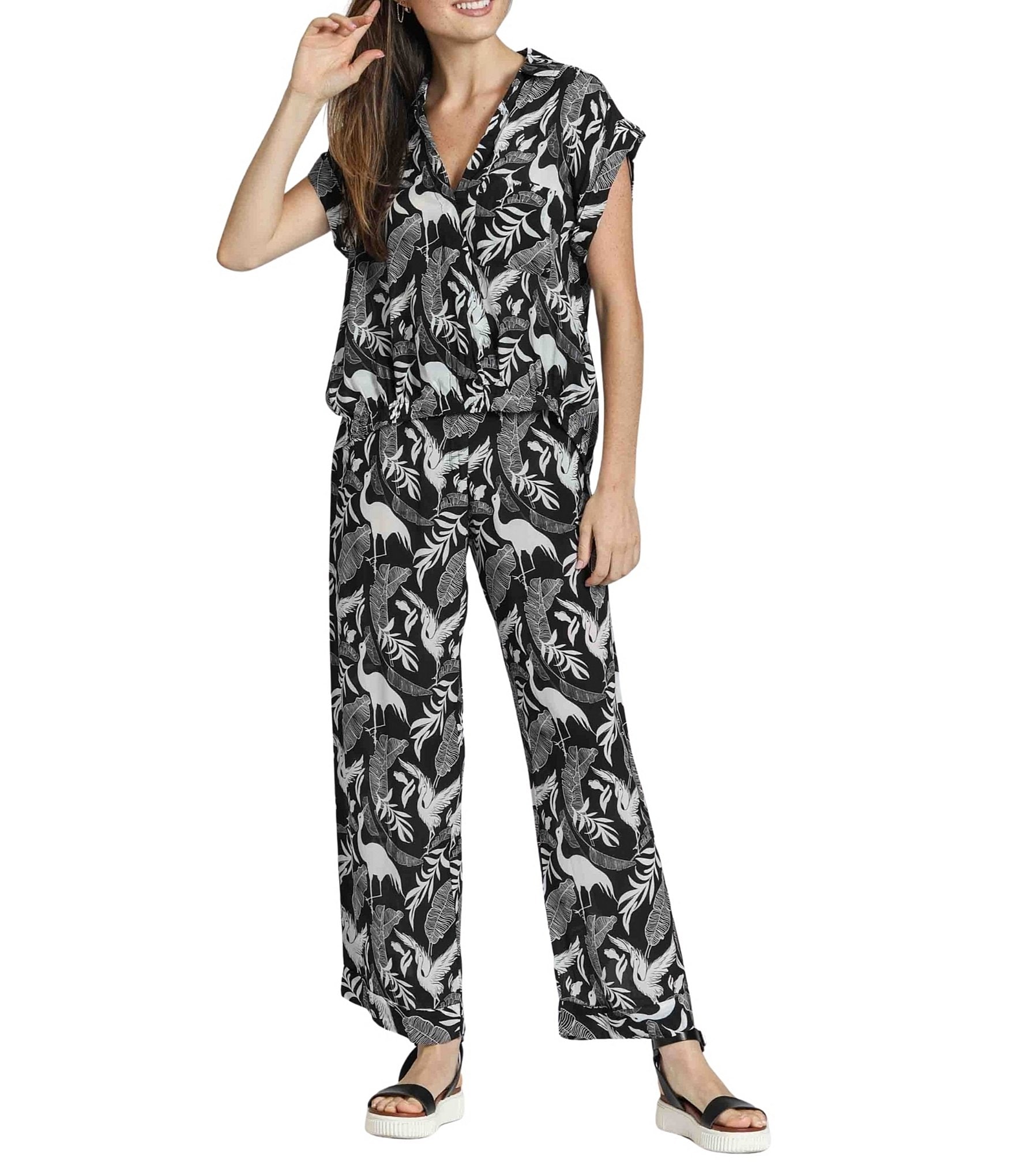 APNY Woven Bird Print High Rise Wide Leg Pull-on Coordinating Pants