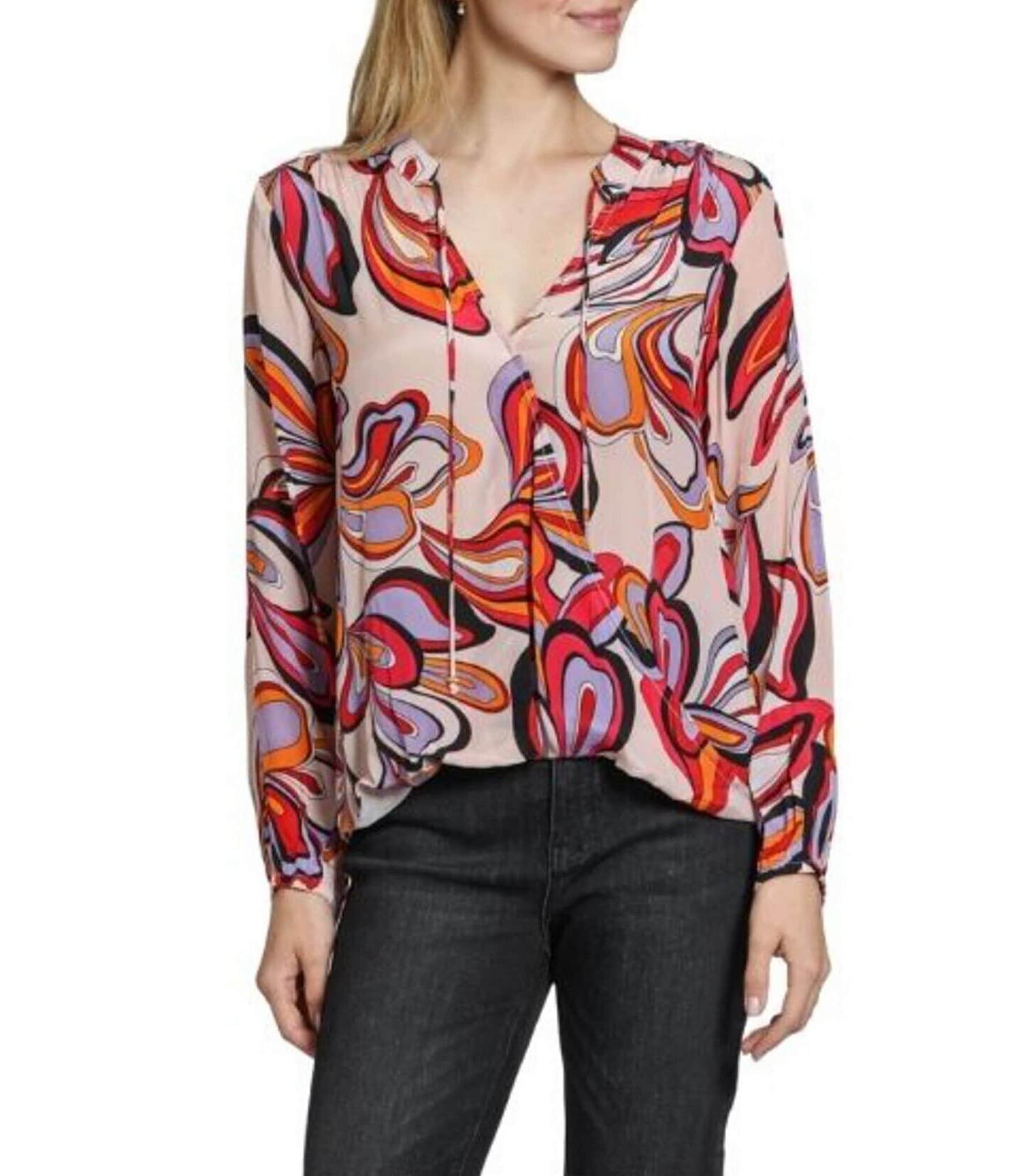 APNY Woven Floral Print V-Neck Long Sleeve With Tassel Top