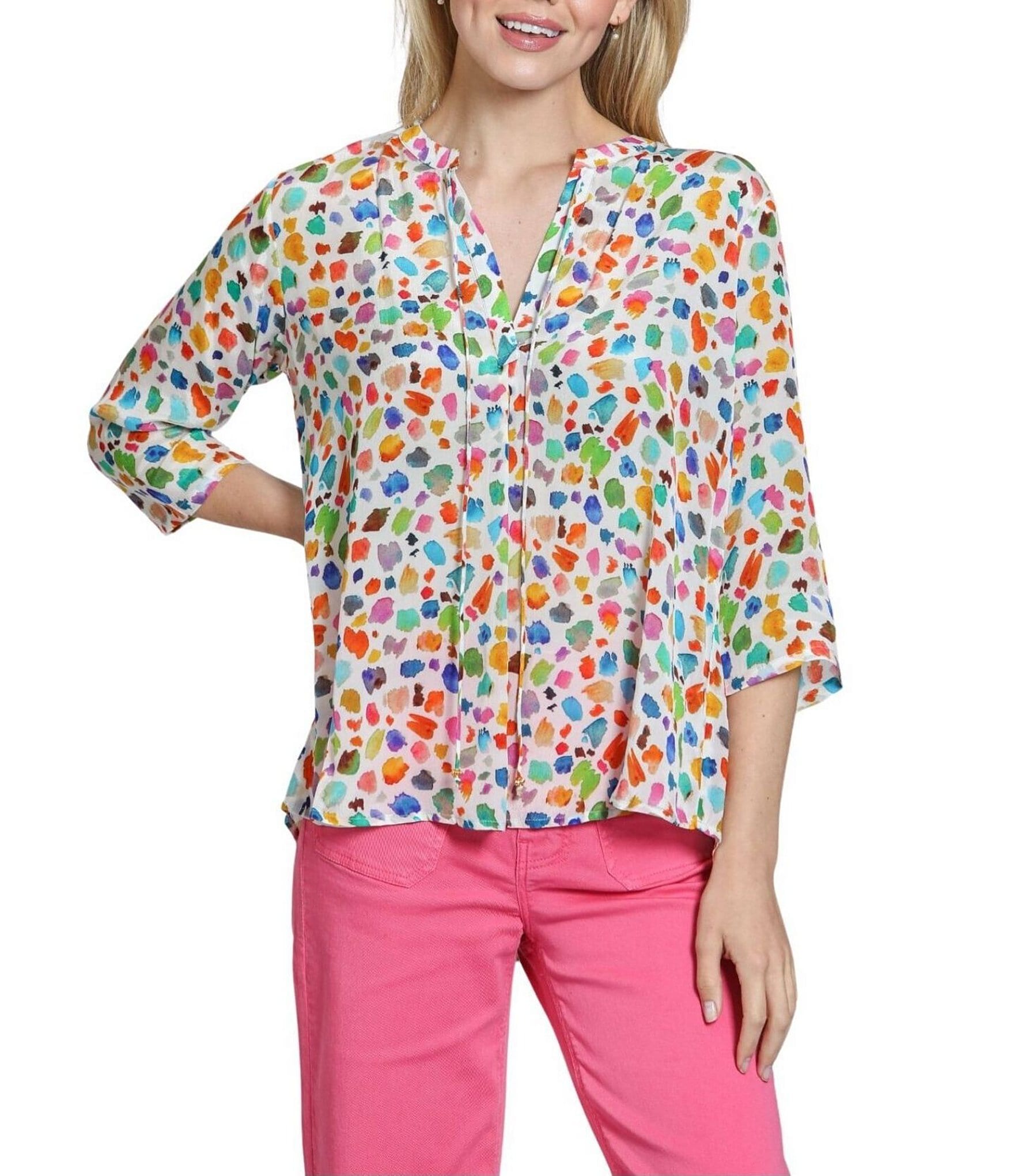 APNY Woven Print Pattern V-Neck Tassel 3/4 Sleeve Blouse