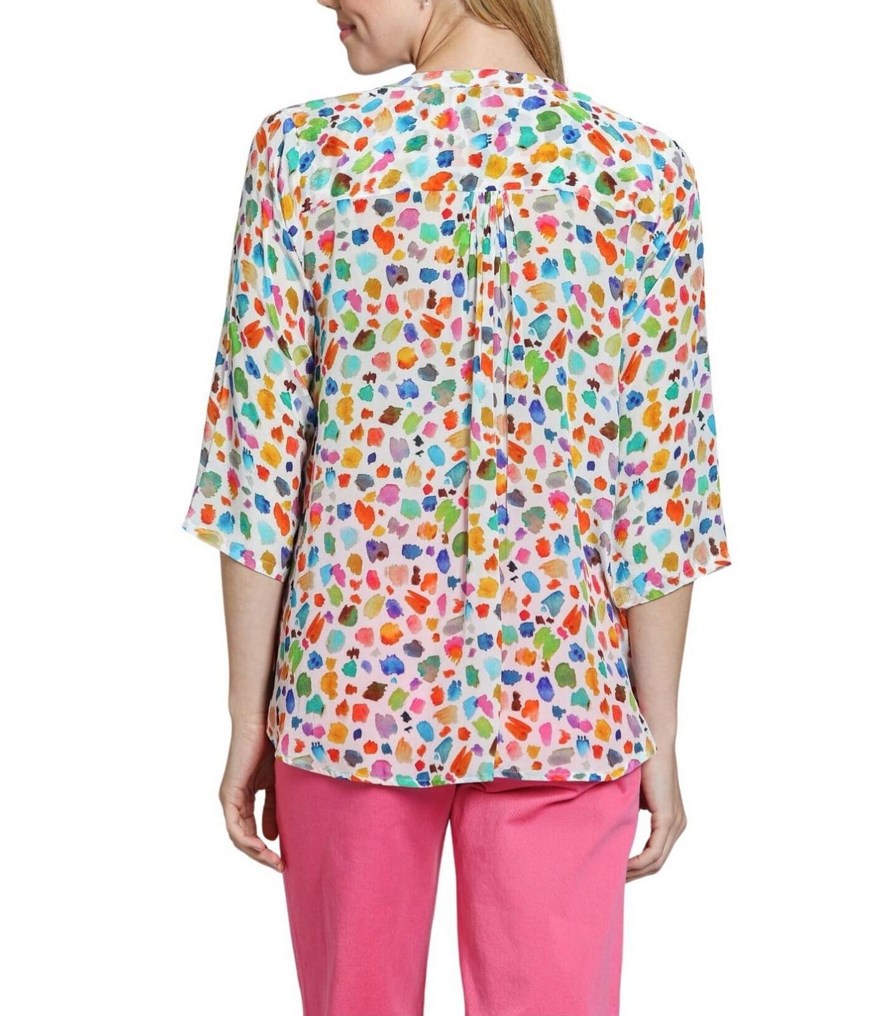 APNY Woven Print Pattern V-Neck Tassel 3/4 Sleeve Blouse
