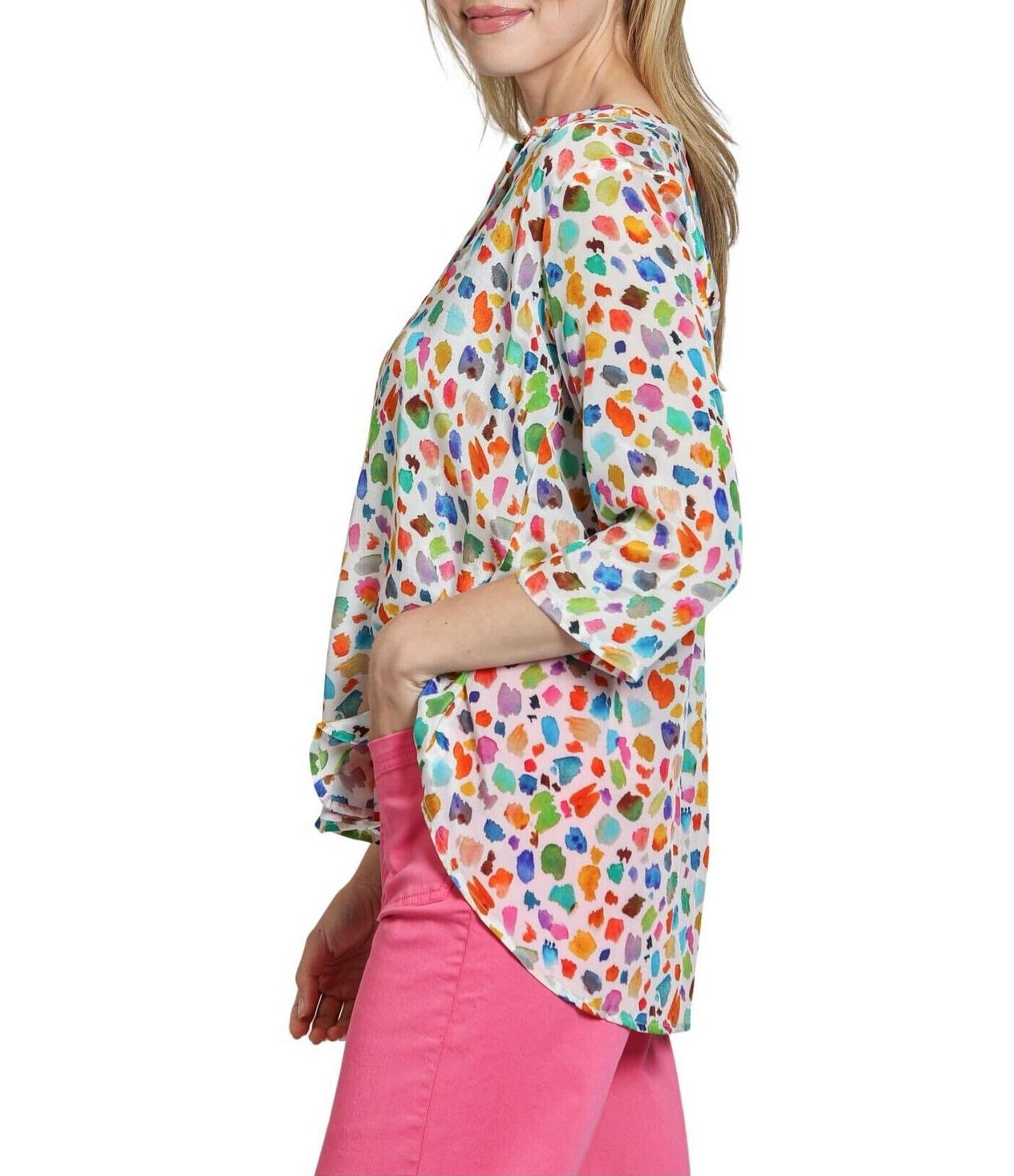 APNY Woven Print Pattern V-Neck Tassel 3/4 Sleeve Blouse
