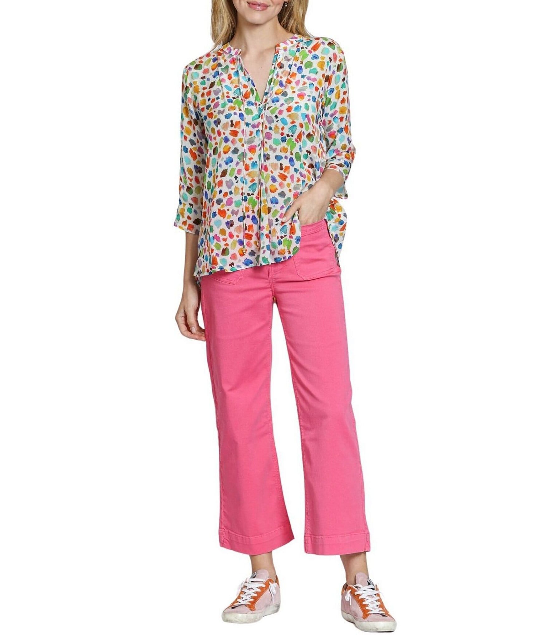 APNY Woven Print Pattern V-Neck Tassel 3/4 Sleeve Blouse
