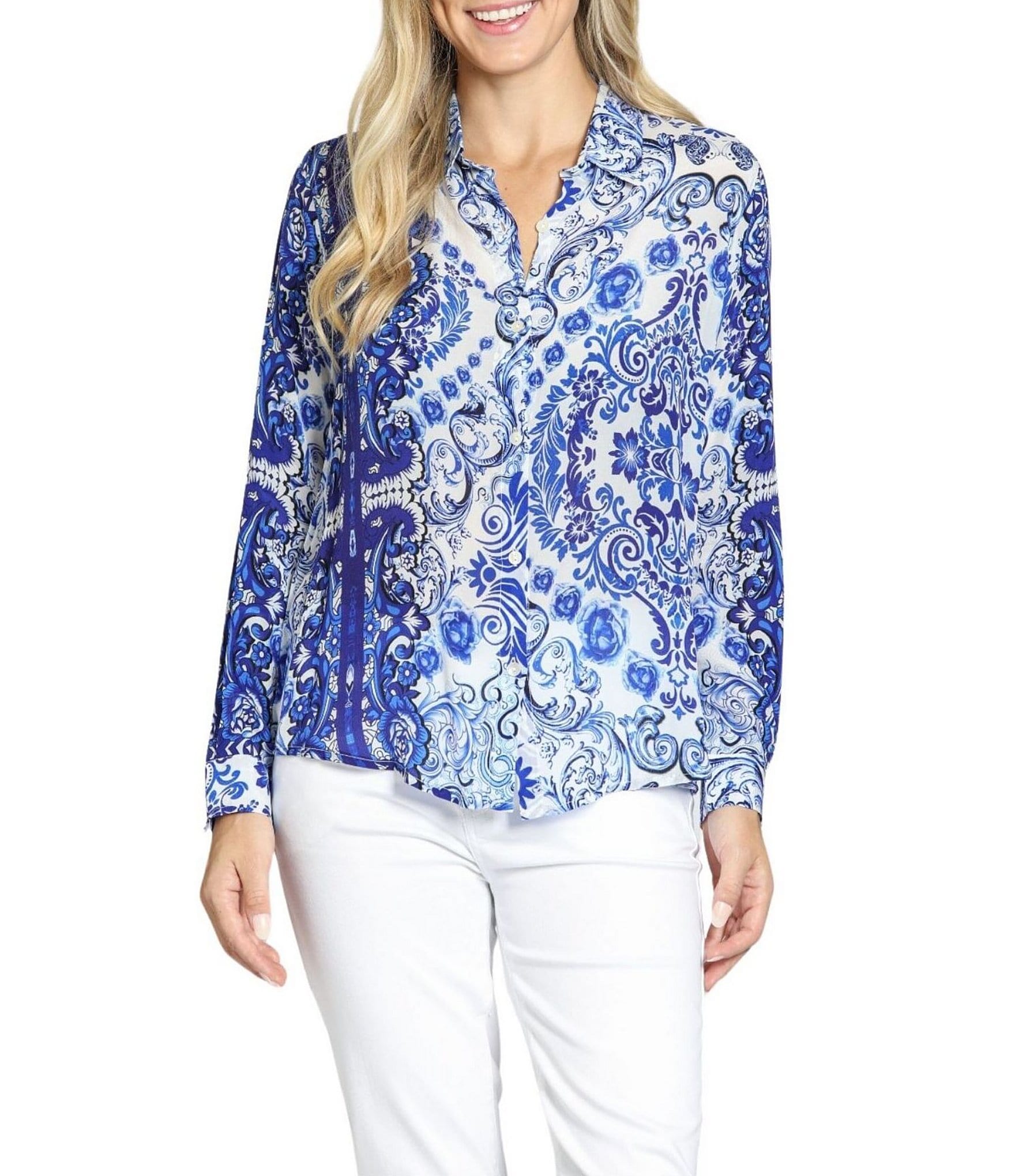 APNY Woven Printed Point Collar Long Sleeve Button Down Shirt