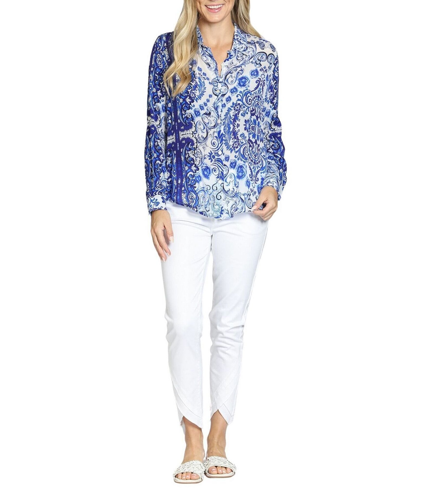APNY Woven Printed Point Collar Long Sleeve Button Down Shirt
