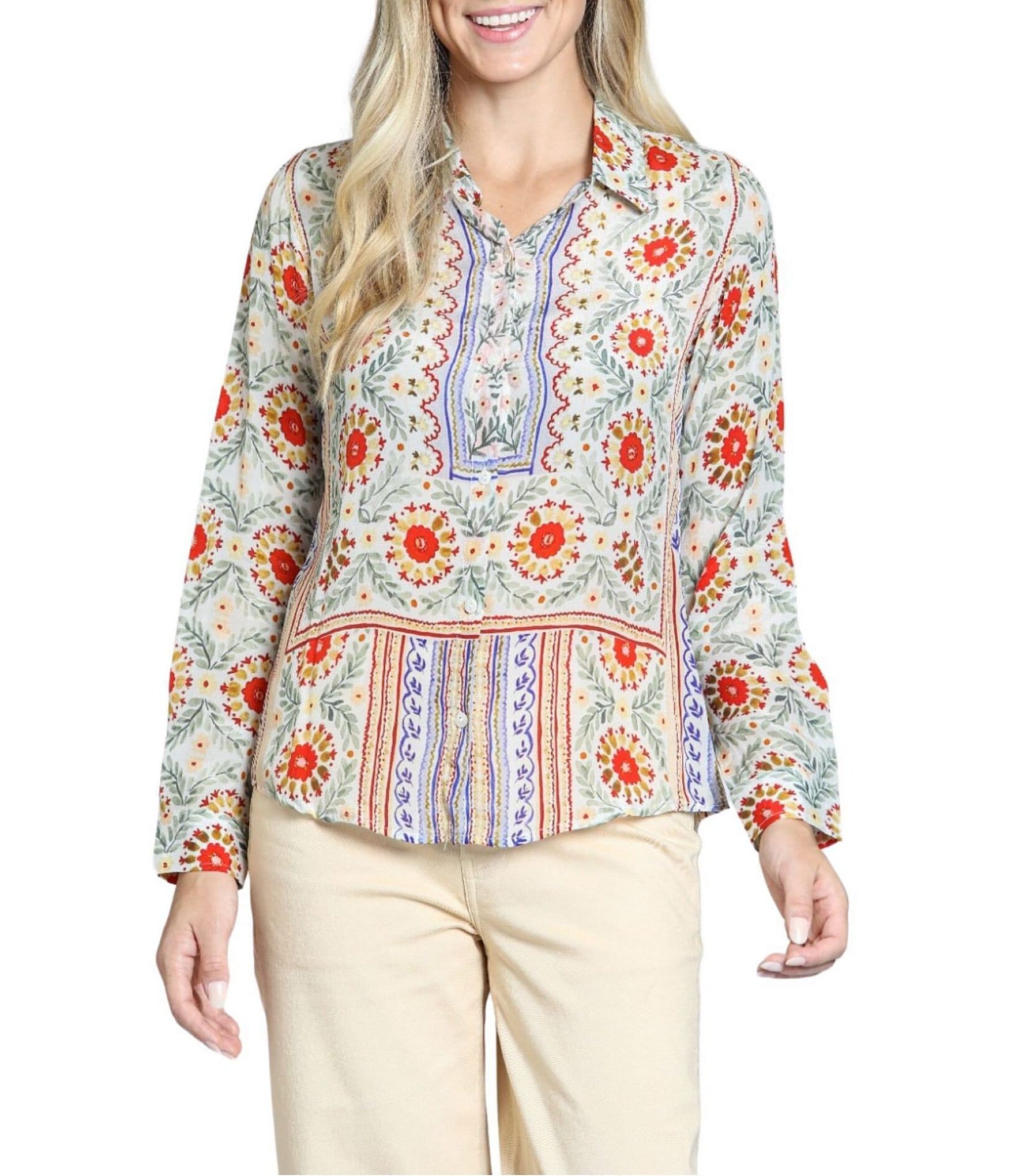 APNY Woven Printed Spread Collar Long Sleeve Blouse