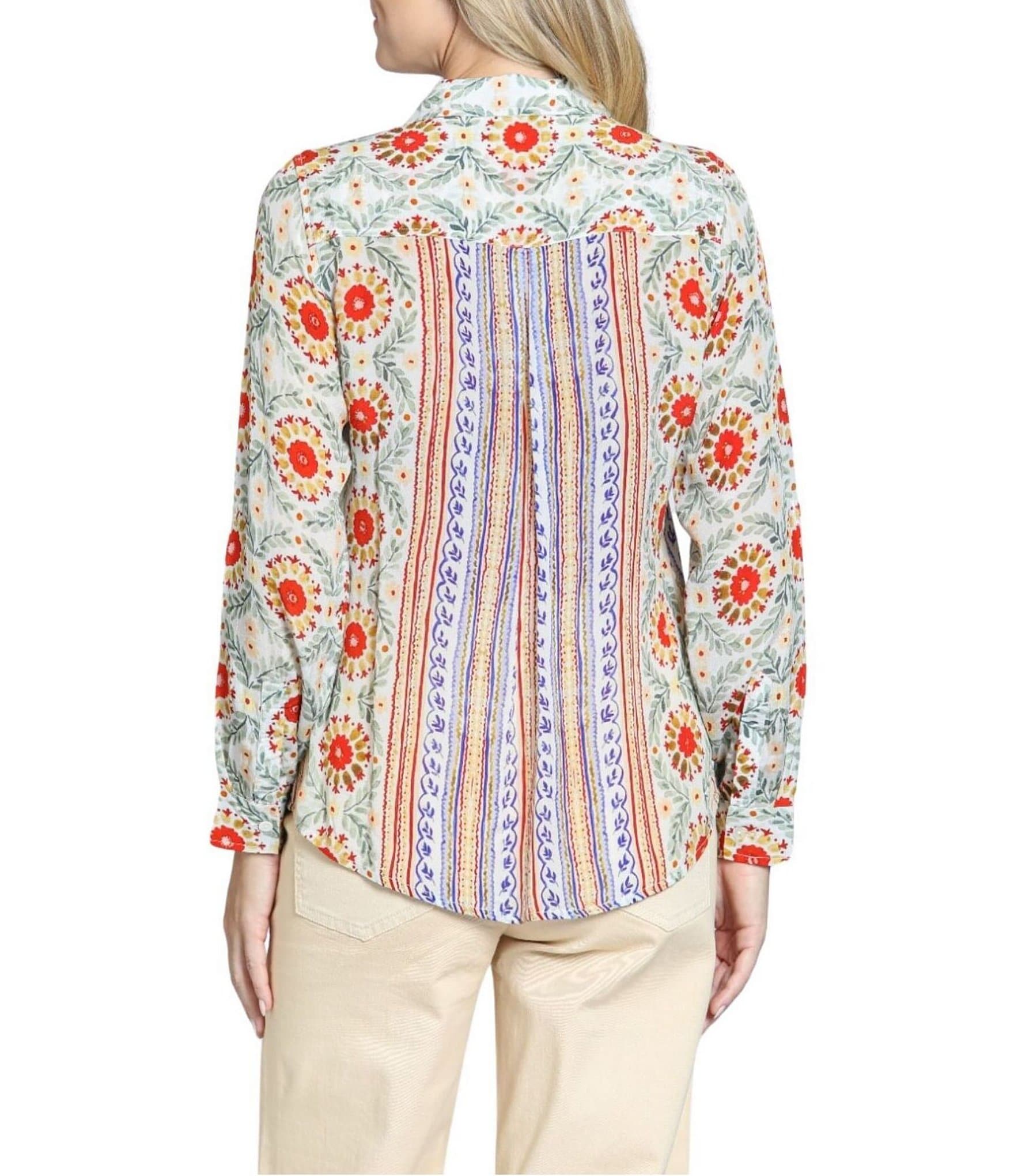 APNY Woven Printed Spread Collar Long Sleeve Blouse