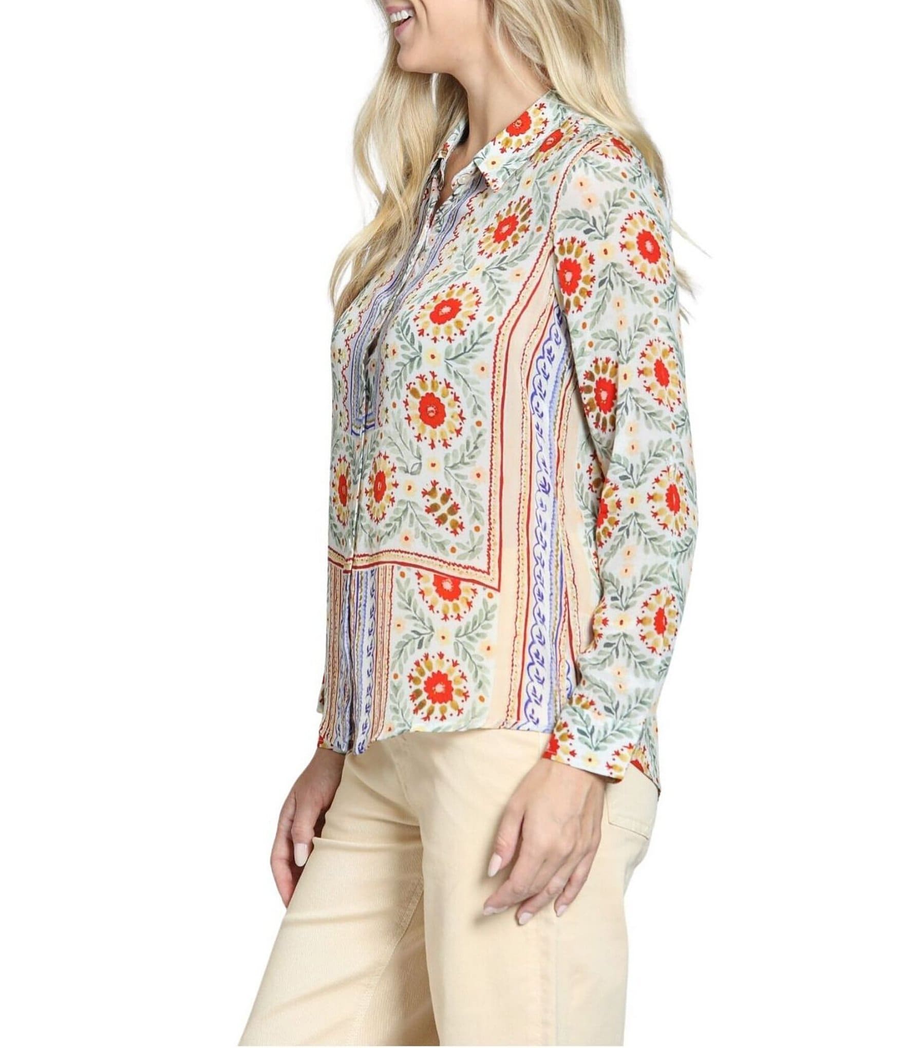 APNY Woven Printed Spread Collar Long Sleeve Blouse